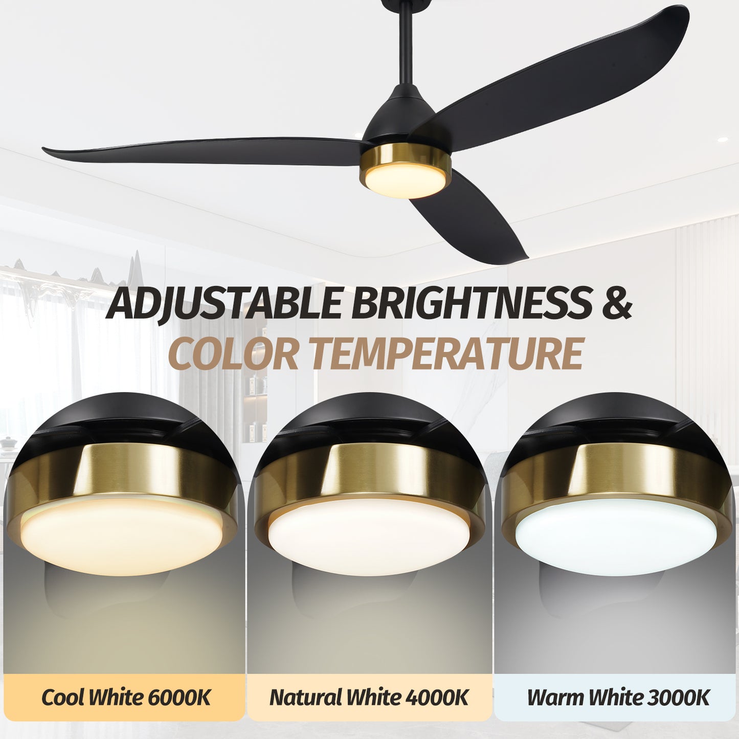 52" Modern Black Gold Reversible Ceiling Fan with Light and Remote