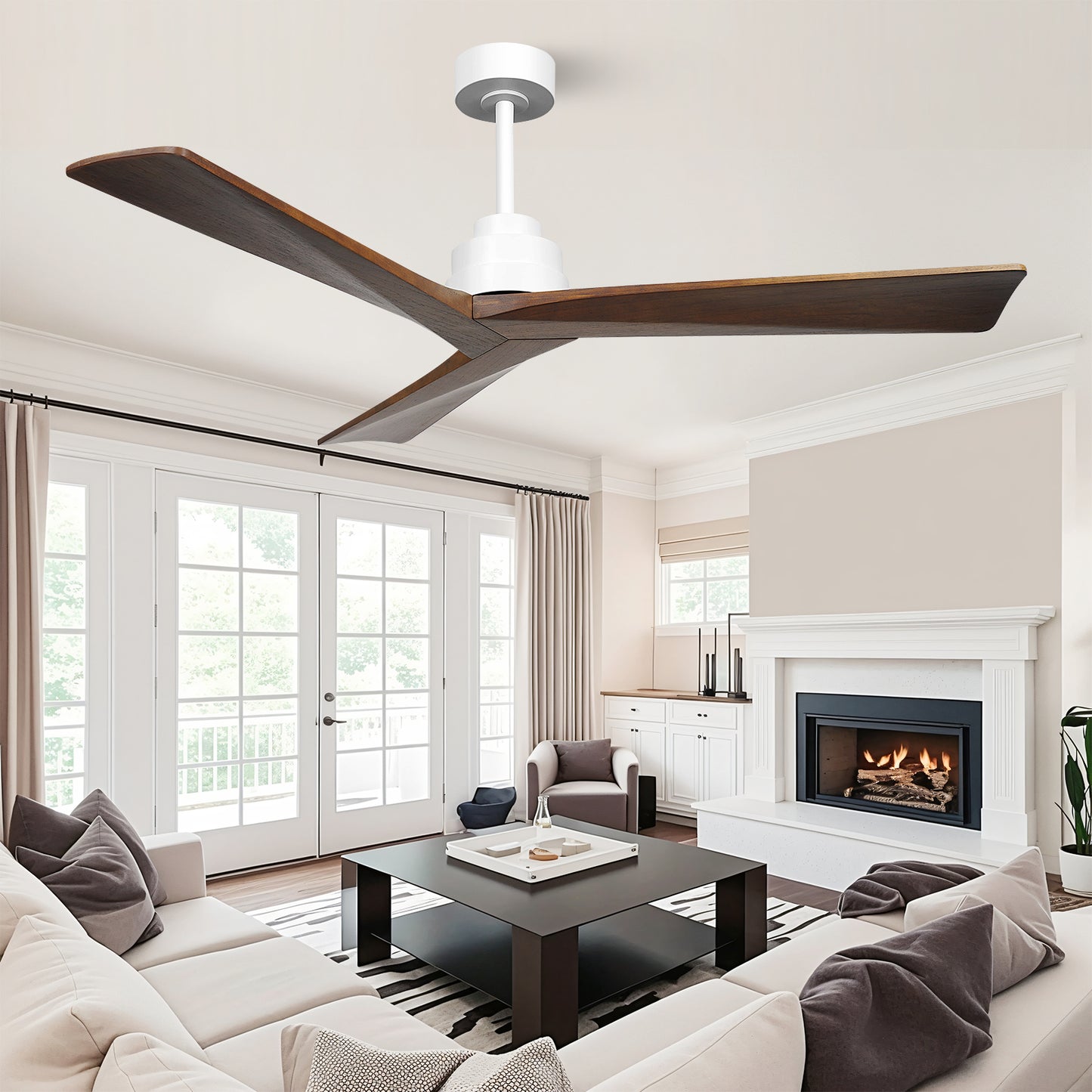 52" Modern 3 Wood Blades Brown Walnut Ceiling Fan no Light with Remote