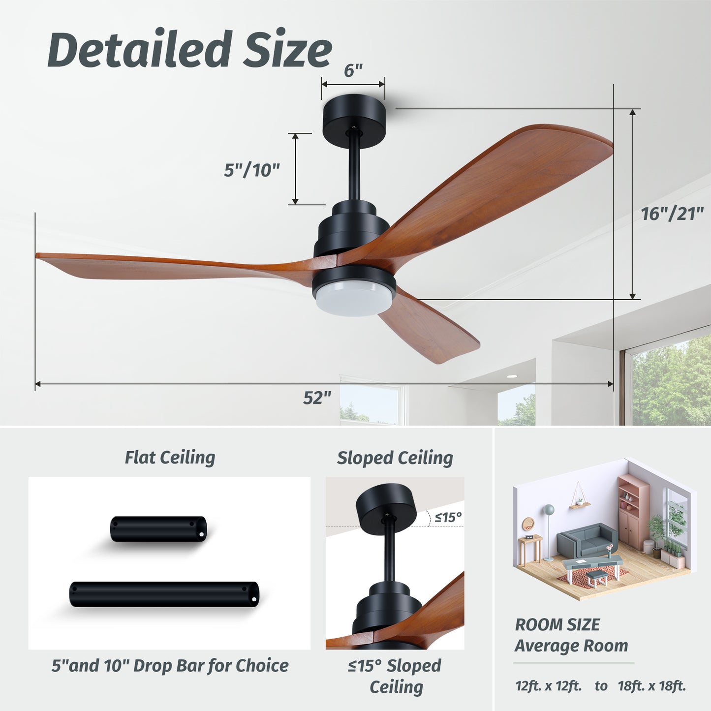 52" Farmhouse Brown Walnut Wood Ceiling Fan with Lights and Remote Control