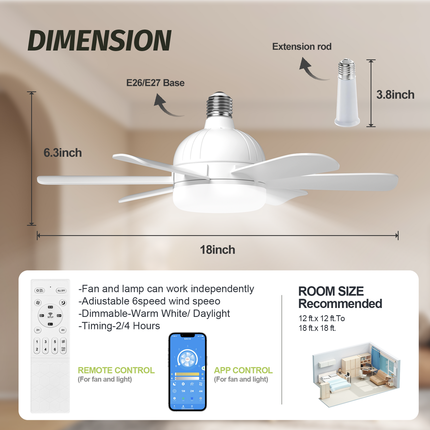 18" White Socket Fan LED Light with Remote,Small Screw in Fan for Closet