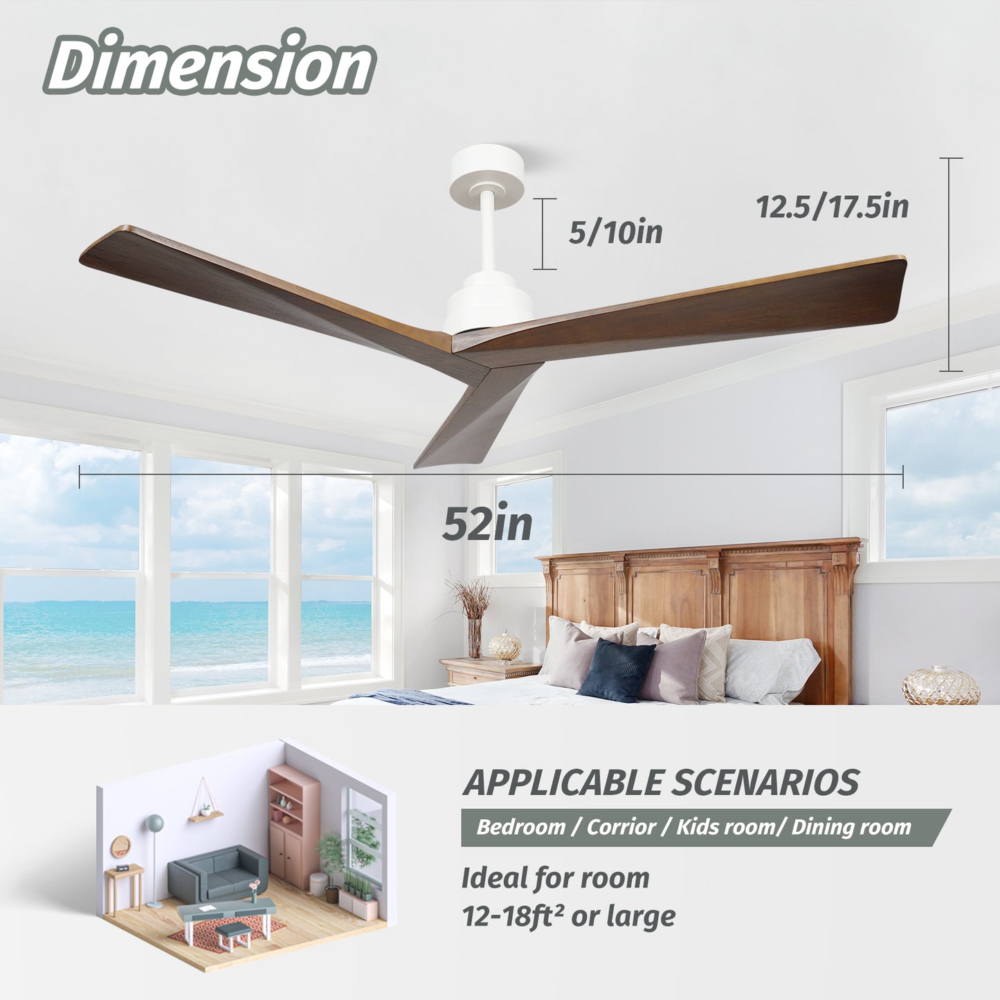 52" Modern 3 Wood Blades Brown Walnut Ceiling Fan no Light with Remote