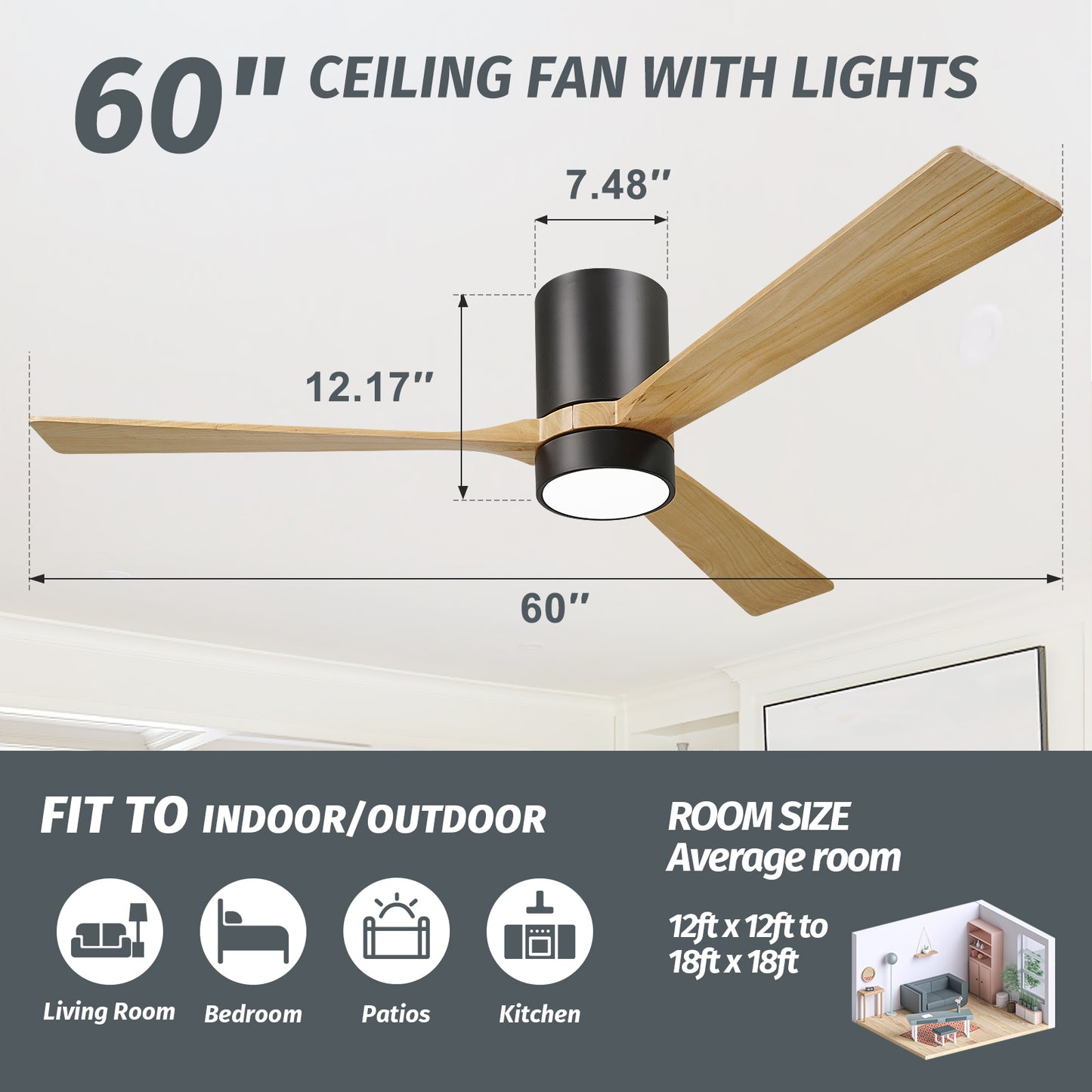 60" Modern Low Profile Original Walnut Ceiling Fan with Light and Remote