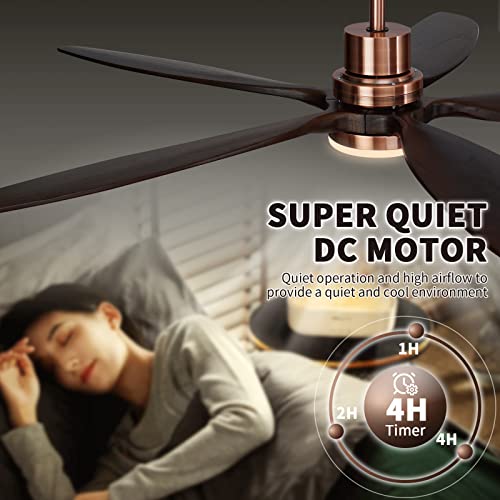 60" Modern Black Walnut Red Brass Ceiling Fan with Light and Remote