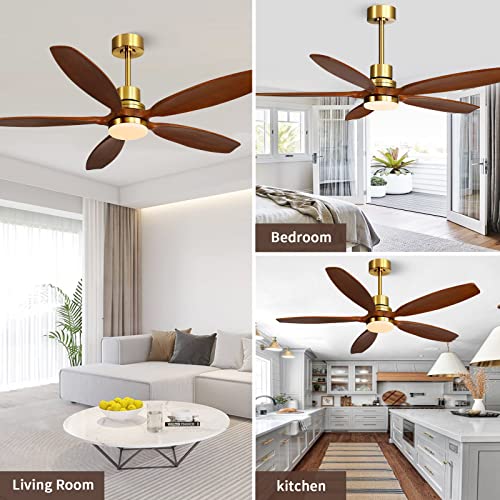 52" Modern Black Walnut Brass Reversible Ceiling Fan with Light and Remote