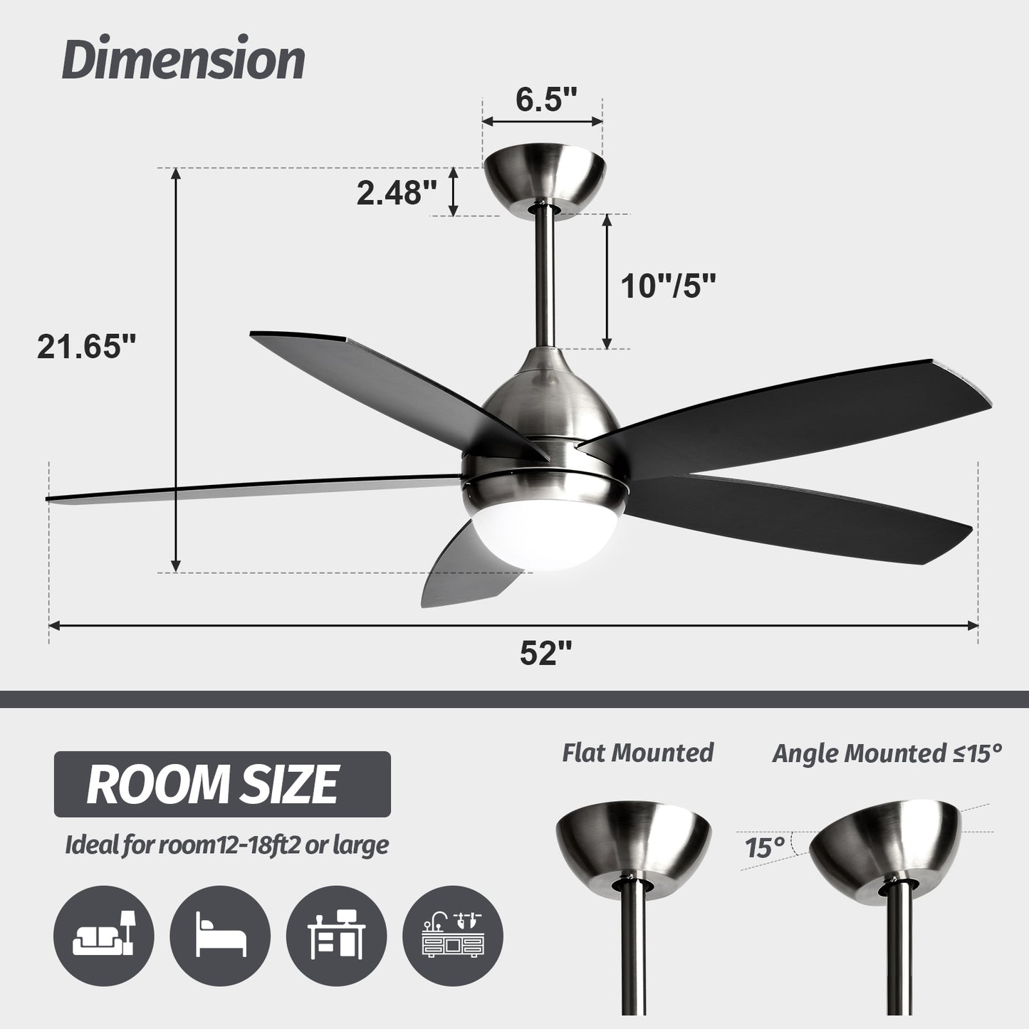 52" Modern Brushed Nickel Wood Ceiling Fan with Lights and Remote Control