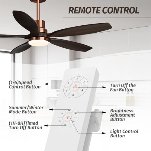 52" Modern Black Walnut Red Brass Ceiling Fan with Light and Remote