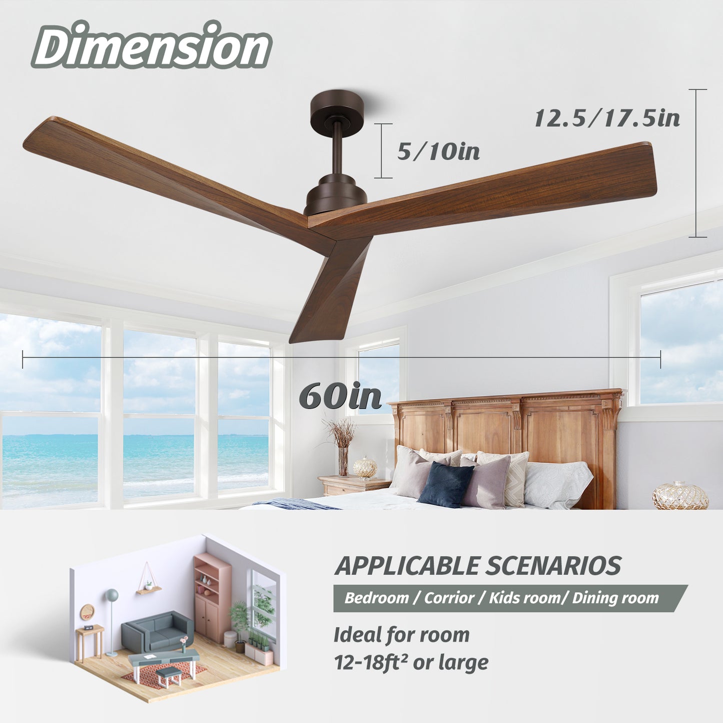 60" Modern 3 Wood Blades Coffee Brown Ceiling Fan no Light with Remote