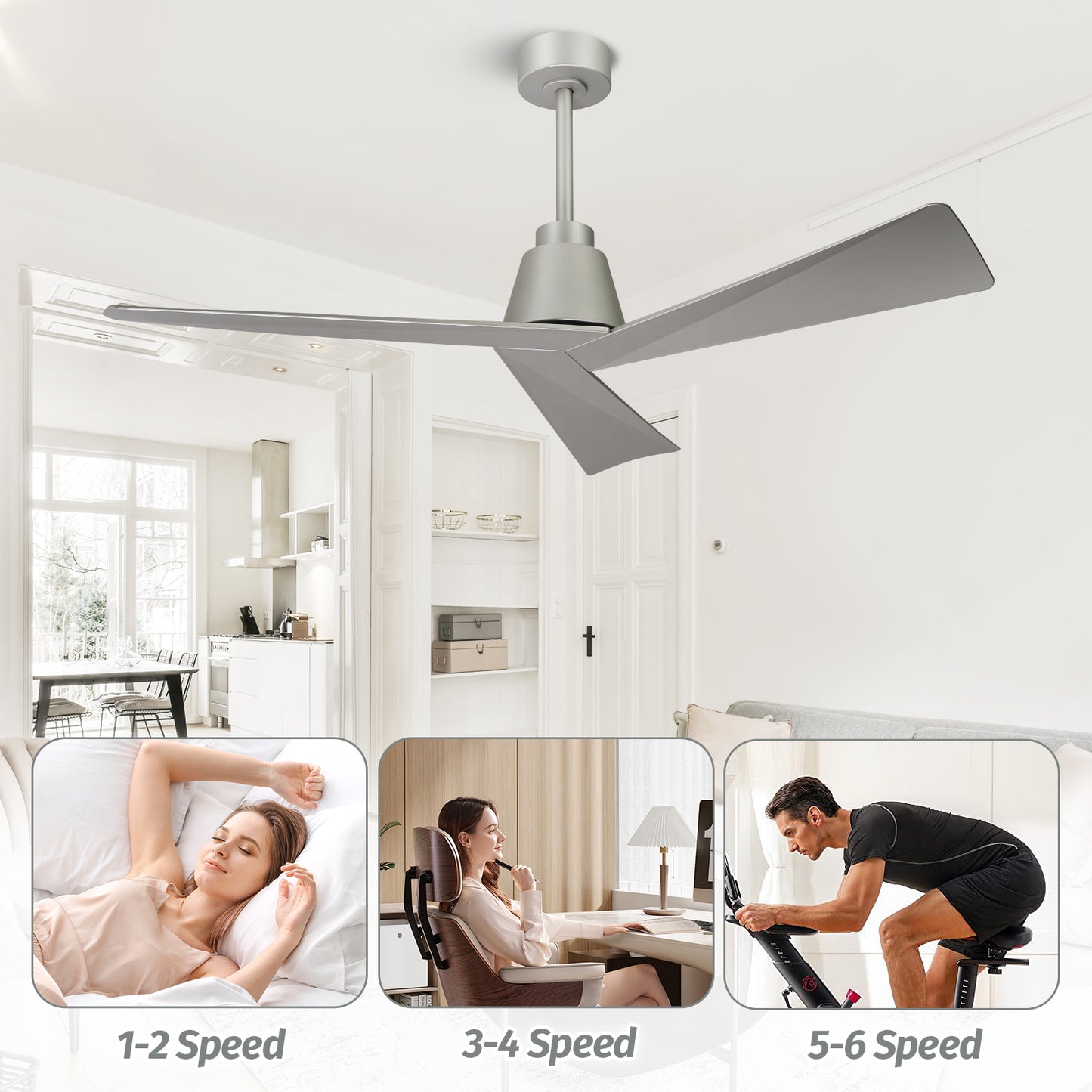 52" Modern Silver Ceiling Fan no Light with Remote for Living Room Patio