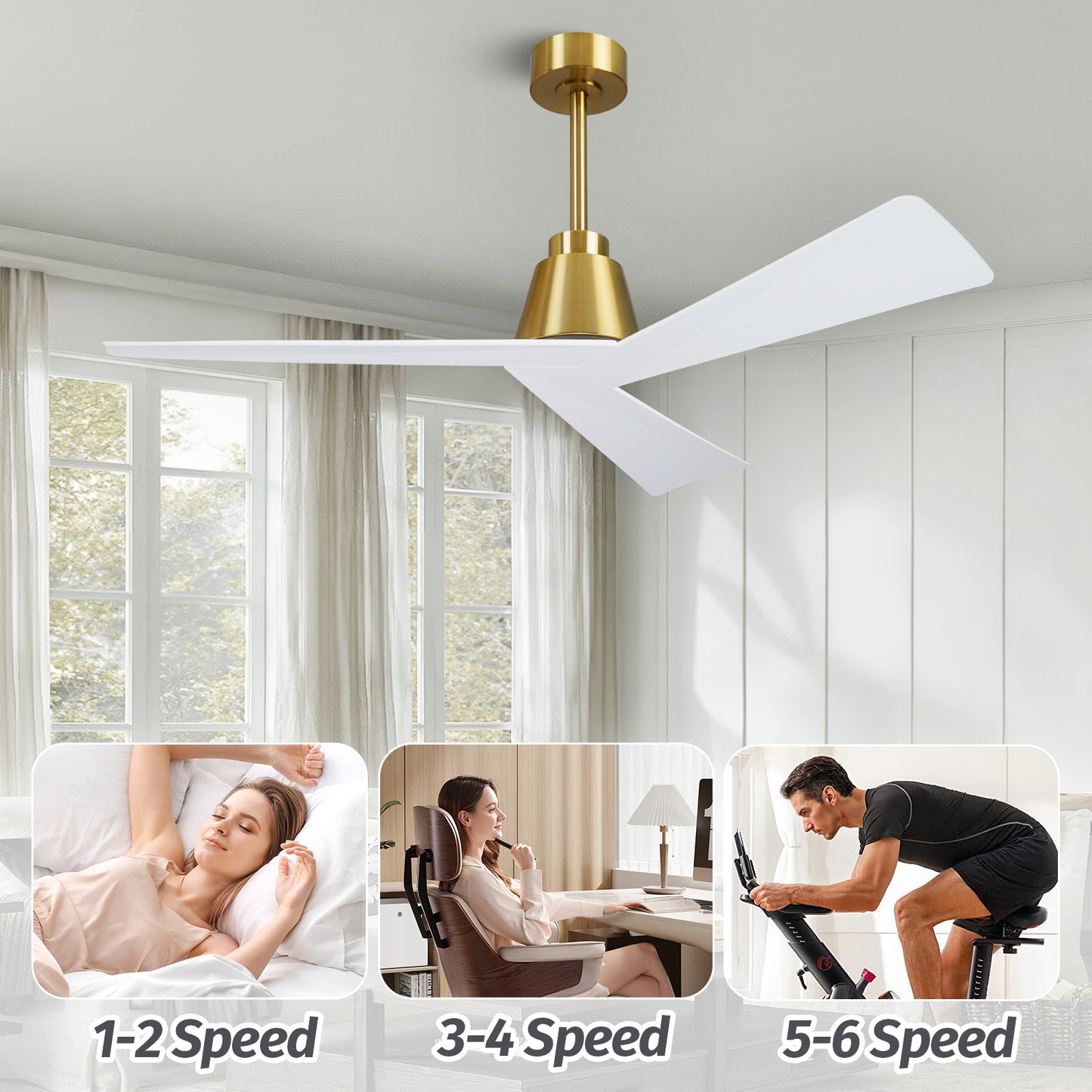 52" Modern White Gold Ceiling Fan no Light with Remote for Living Room