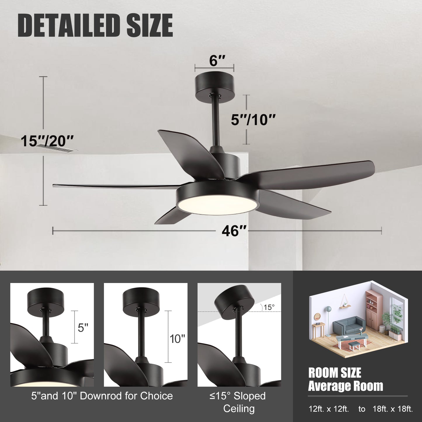 46" Black 6 Speeds Reversible ABS Ceiling Fan with Light and Remote Control