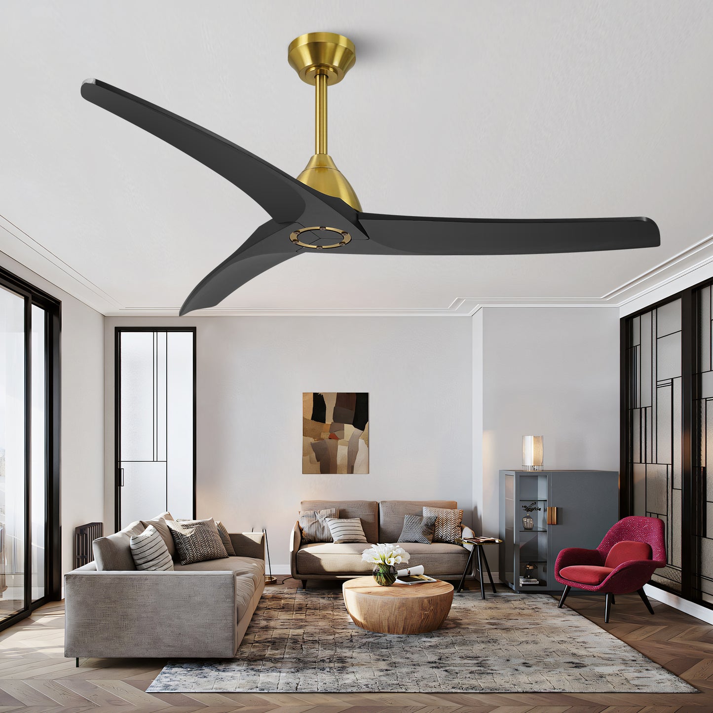 54" Modern Black and Gold Ceiling Fan No Lights with Reversible DC Motor