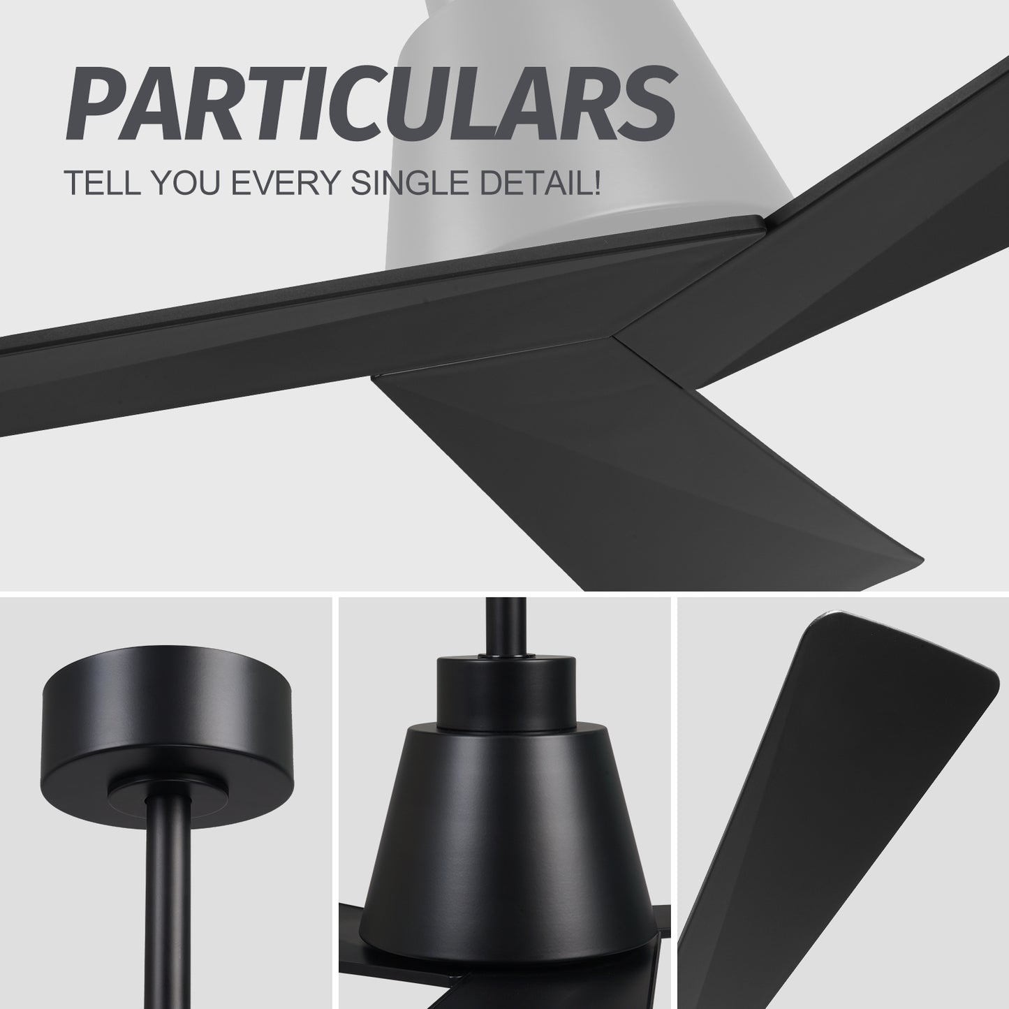 52" Modern Black Ceiling Fan no Light with Remote for Living Room Patio