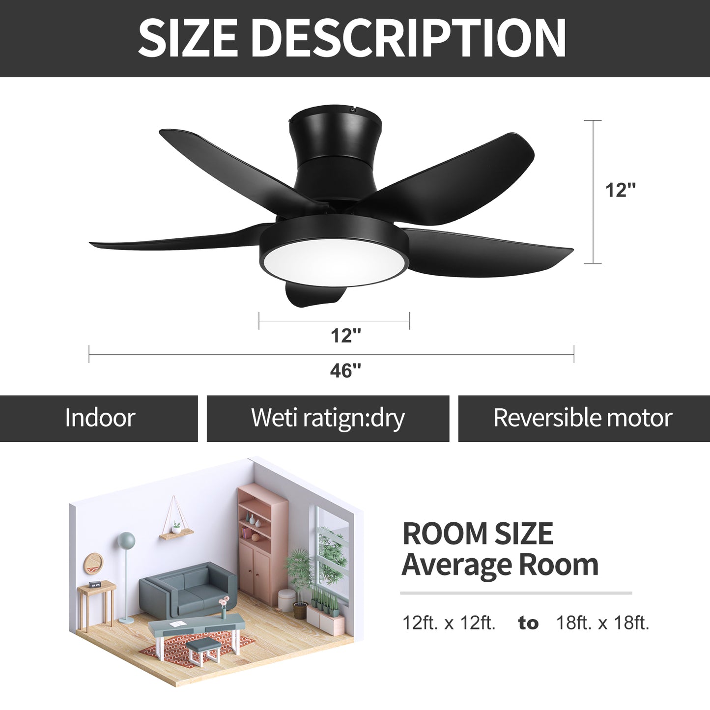 42" Modern Flush Mount Black Ceiling Fan with 3 Color lights and Remote