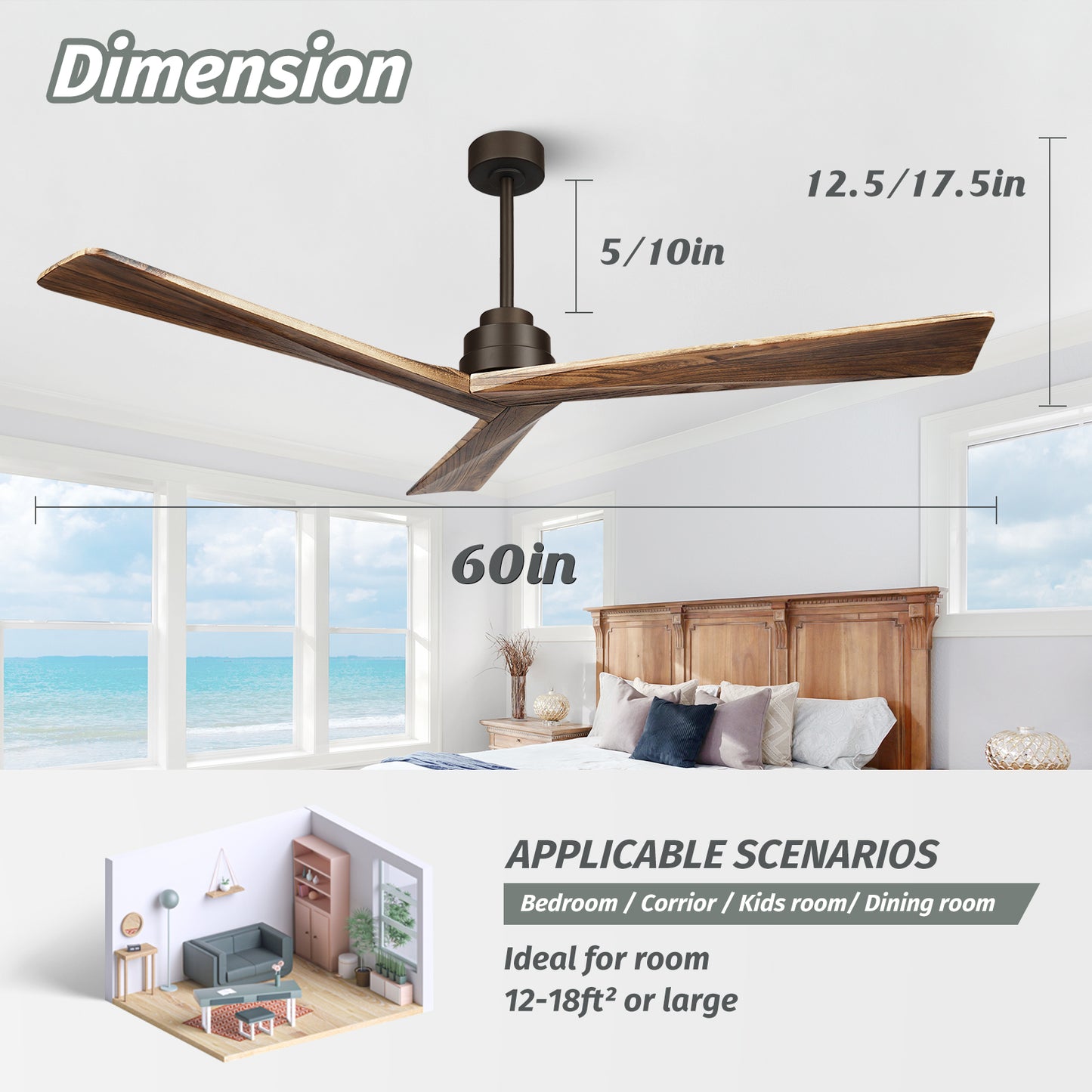 60" Farmhouse 3 Wood Blades Nostalgia Walnut Ceiling Fan no Light with Remote