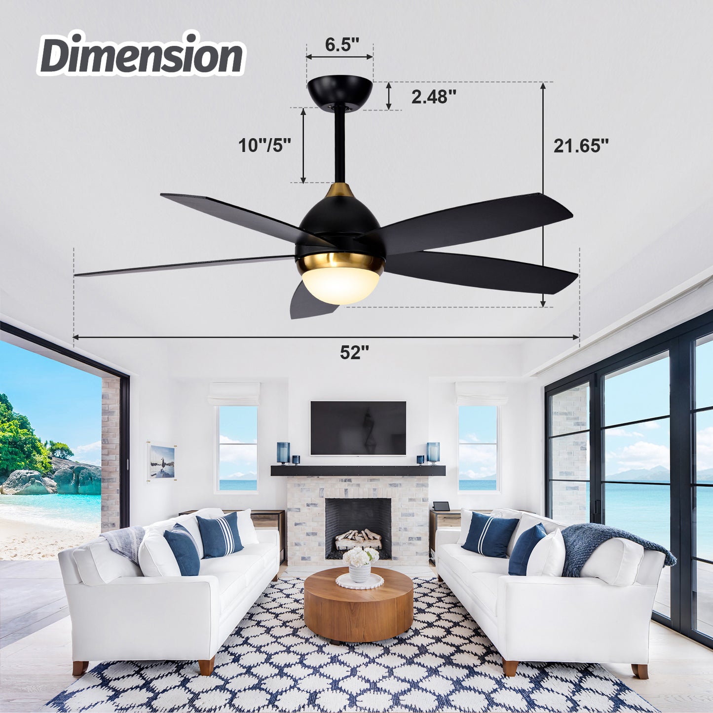 52" Modern Black and Gold Wood Ceiling Fan with Lights and Remote Control