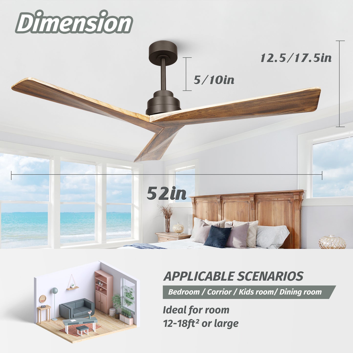 52" Farmhouse 3 Wood Blades Nostalgia Walnut Ceiling Fan no Light with Remote