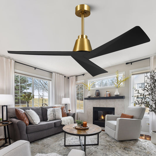 52" Modern Black Gold Ceiling Fan no Light with Remote for Living Room