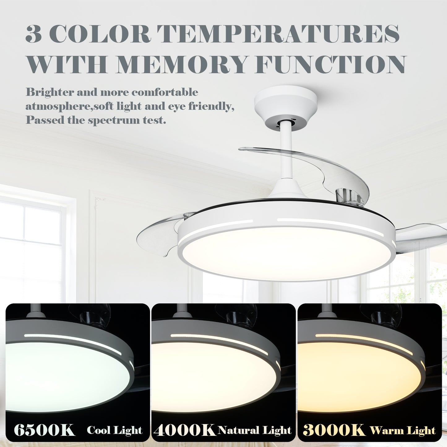 42" White Modern Retractable Ceiling Fan with Light and Remote for Bedroom