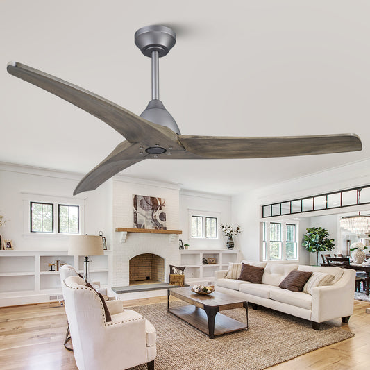 54" Art Deco Silver Grey Wood Ceiling Fan No Lights with Reversible DC Motor