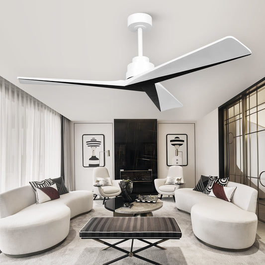 52" Modern 3 Wood Blades Black White Ceiling Fan no Light with Remote