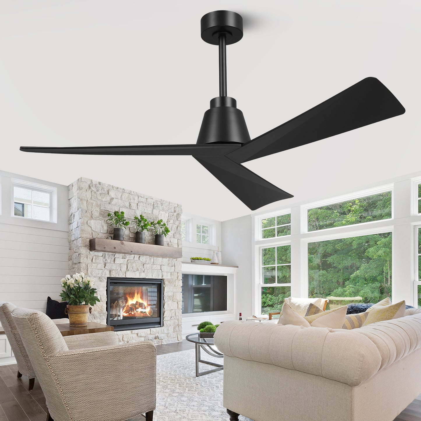 52" Modern Black Ceiling Fan no Light with Remote for Living Room Patio