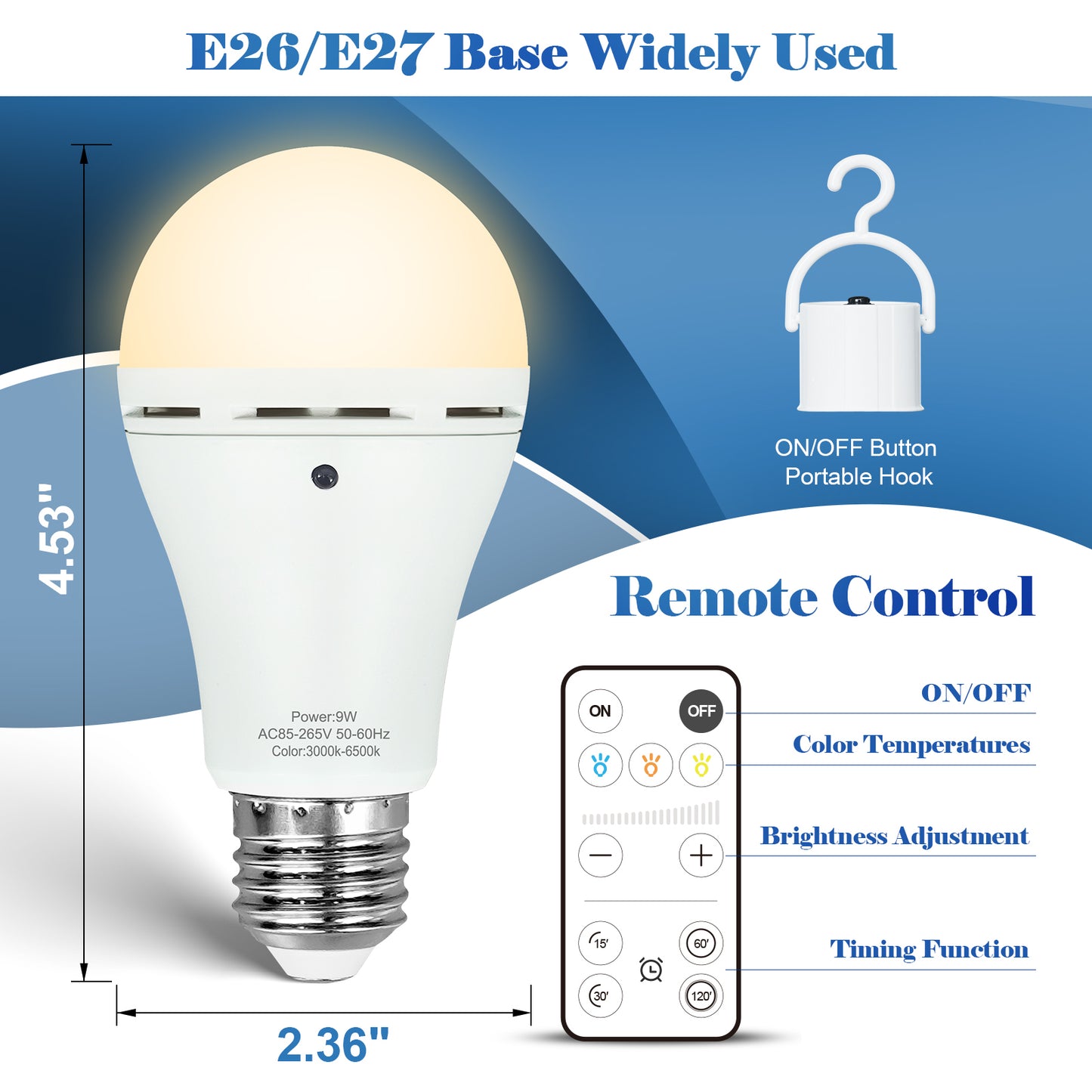 9 Pack Rechargeable Light Bulbs with Remote Control,3 Color and Time Setting