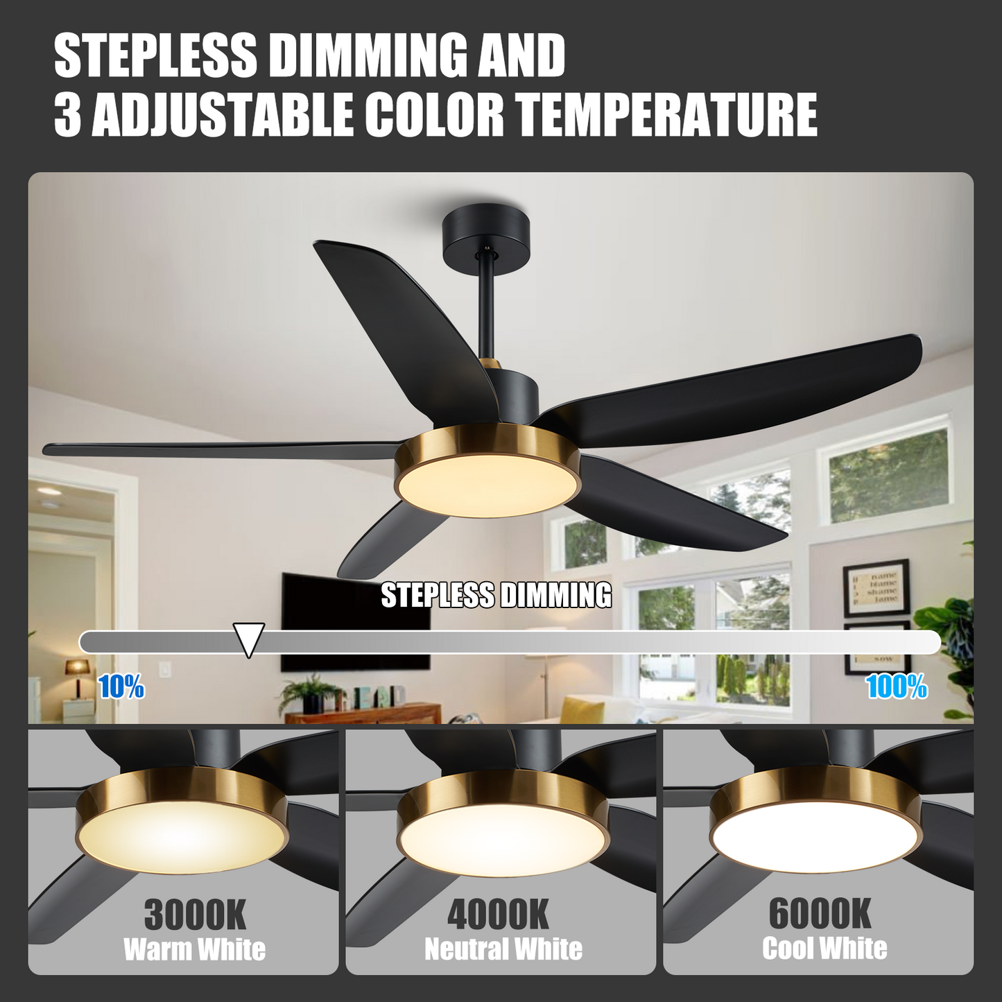 56" Black Brass Gold Reversible Ceiling Fan with Light and Remote Control