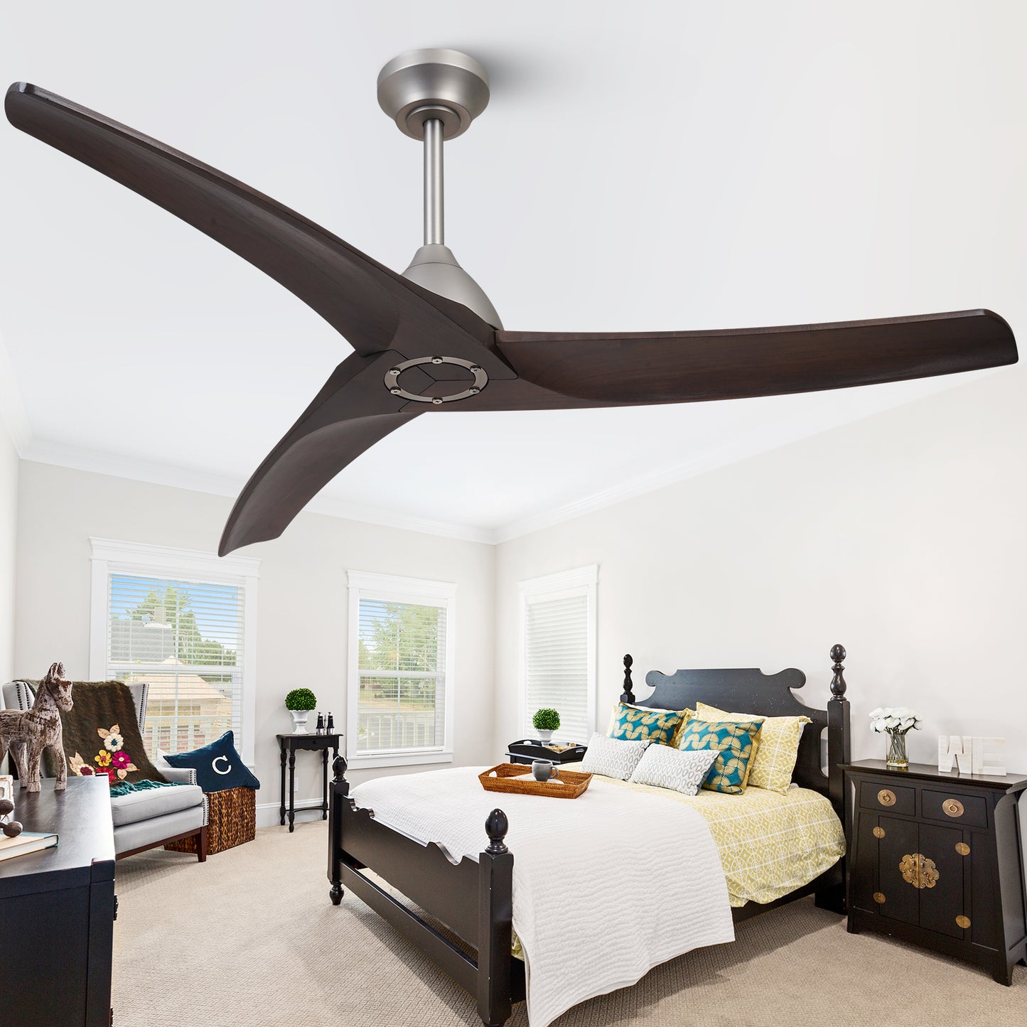 54" Industrial Brown Wood Ceiling Fan No Lights with Reversible DC Motor