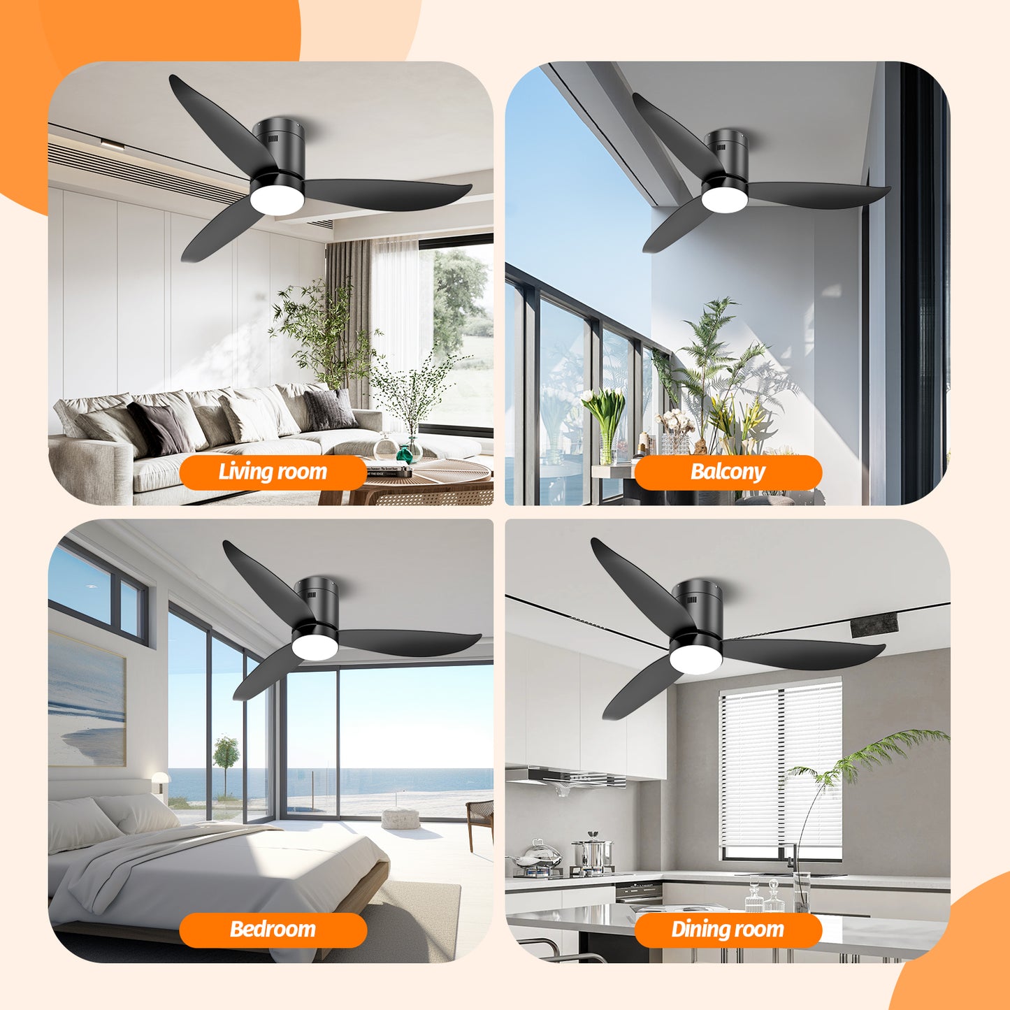 52" Flush Mount Modern Black Led Ceiling Fan with Remote for Indoor Outdoor