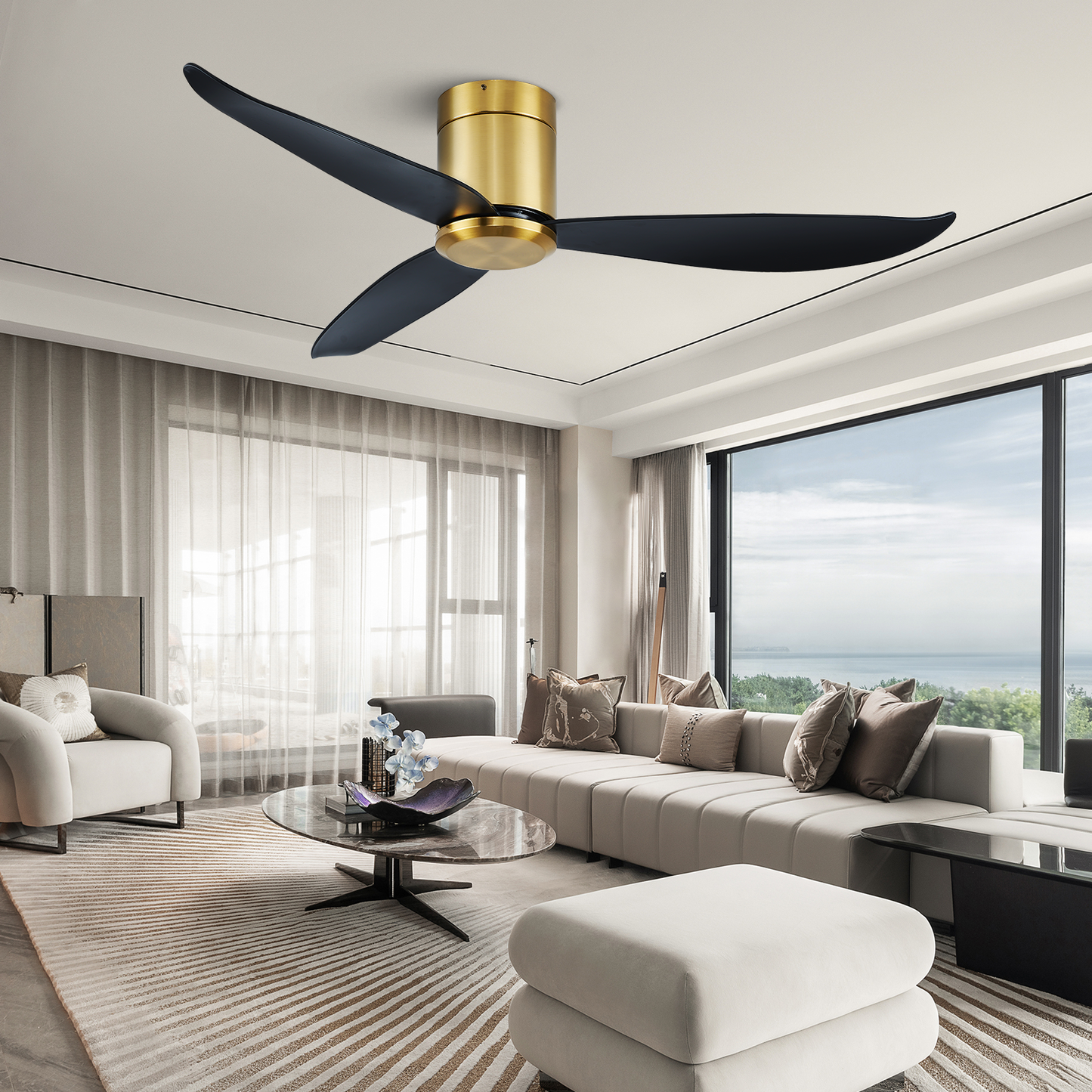 52" Modern Black Gold Flush Mount 6 Speed Ceiling Fan no Light with Remote