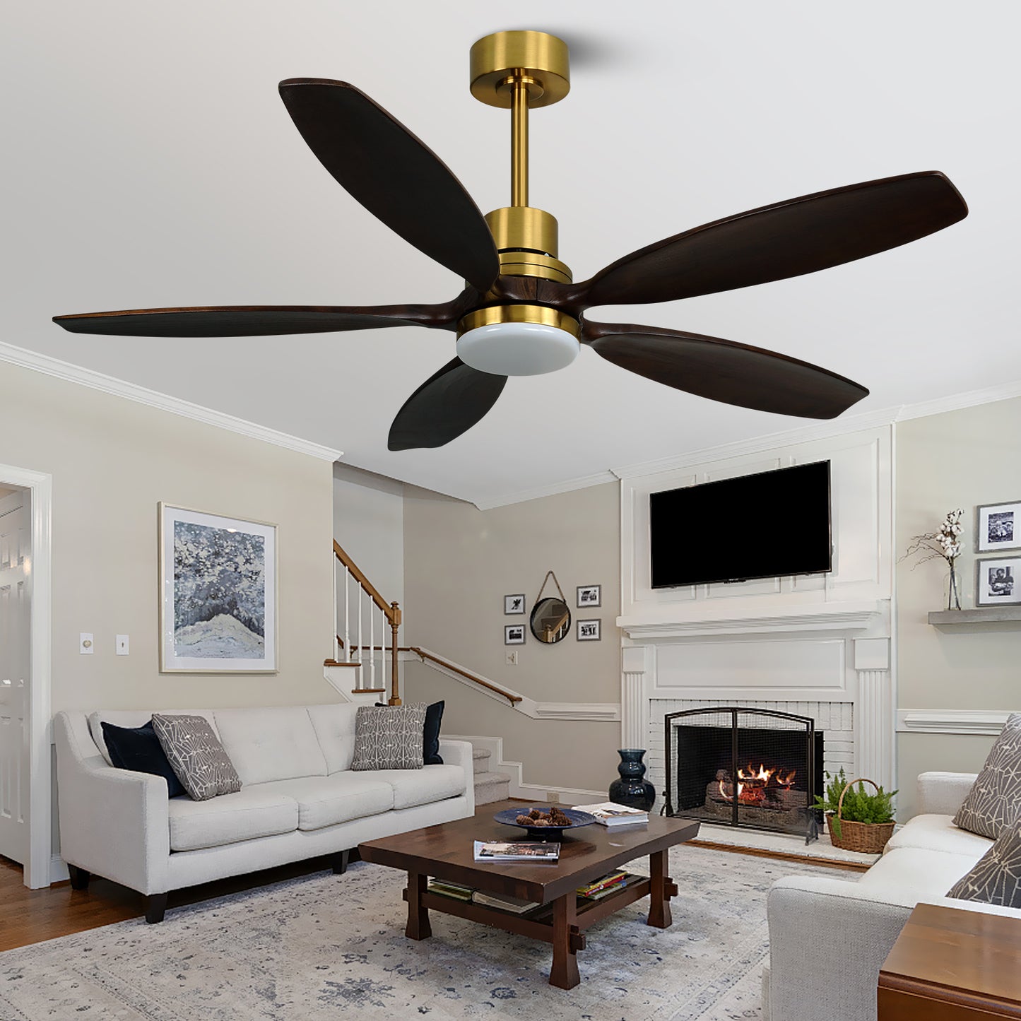 52" Modern Brown Walnut Brass Reversible Ceiling Fan with Light and Remote