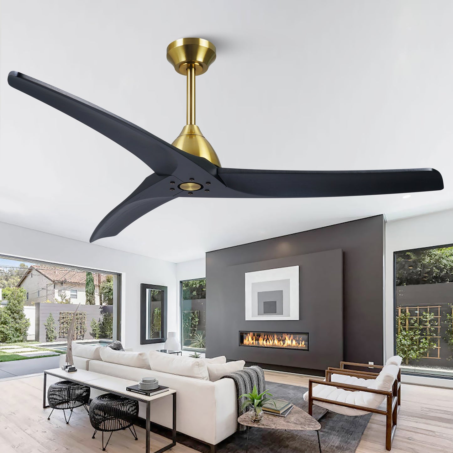 54" Minimalist Black and Brass Ceiling Fan No Light with Reversible DC Motor