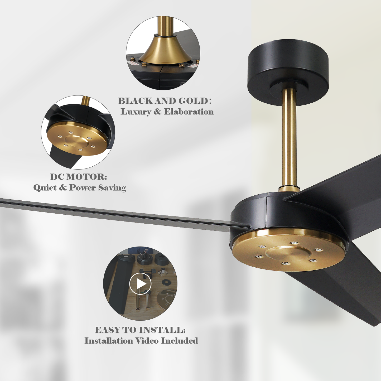 52" Modern Black and Gold Ceiling Fan with no Light for Porch Living Room