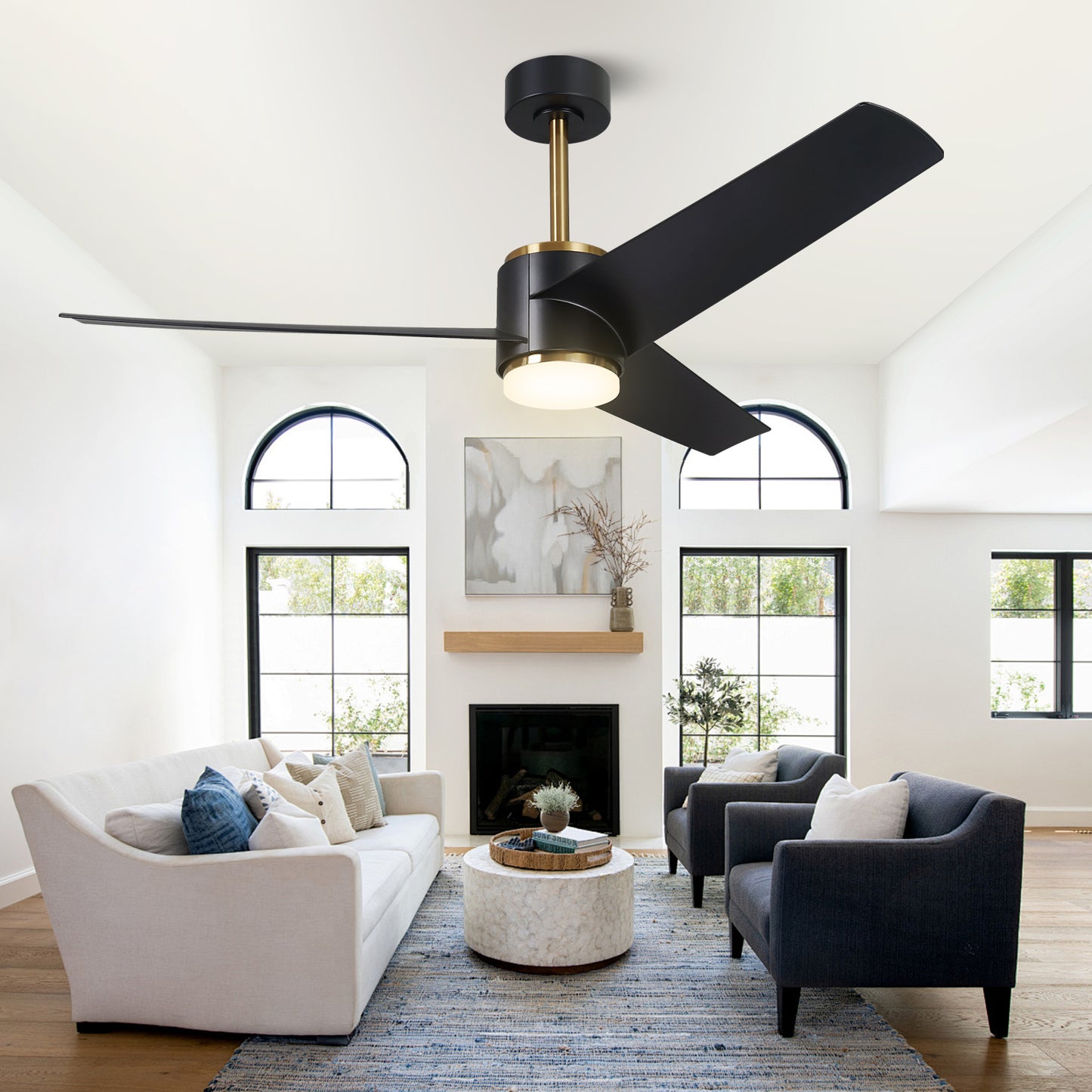 52" Modern Black and Gold Ceiling Fan with Light for Porch Living Room