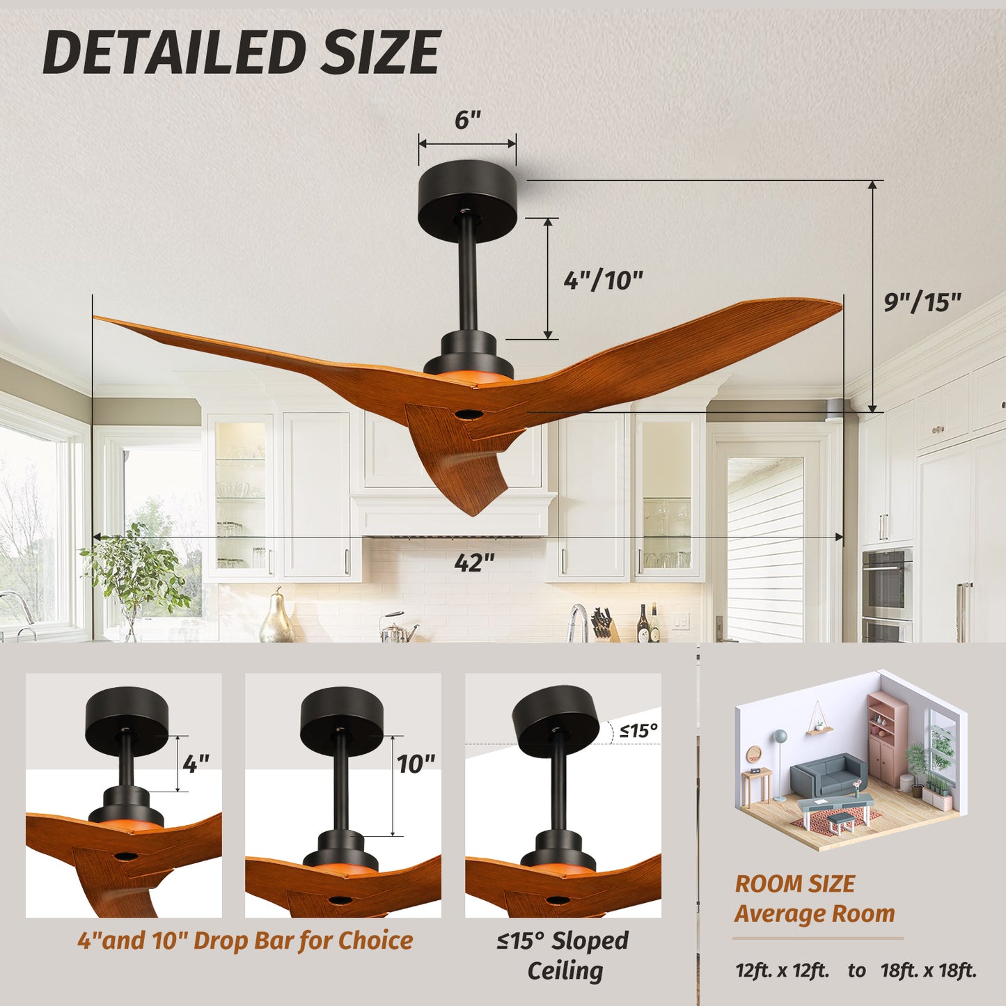 42" Farmhouse Black Brown Reversible 6 Speeds Ceiling Fan No Light