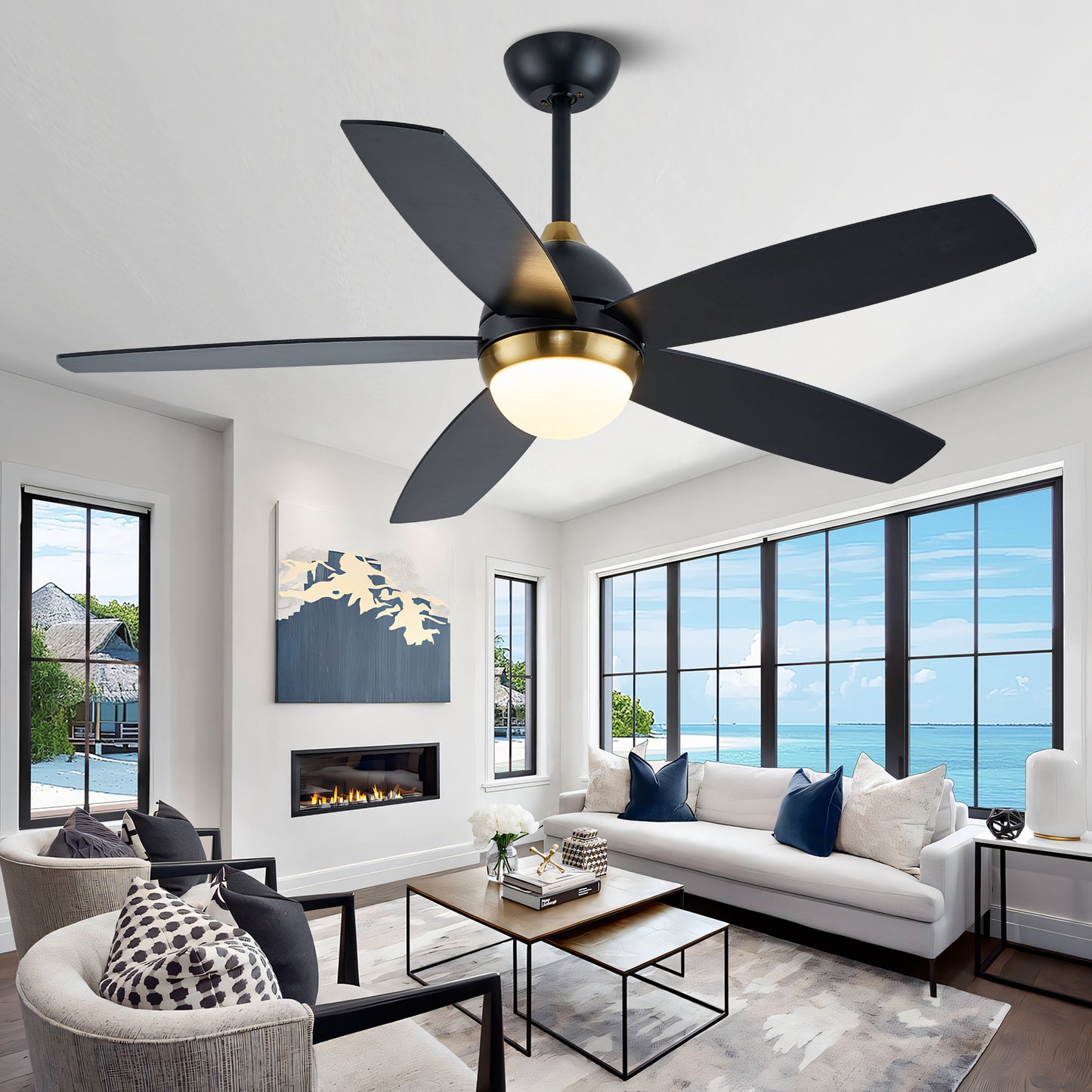 52" Modern Black and Gold Wood Ceiling Fan with Lights and Remote Control