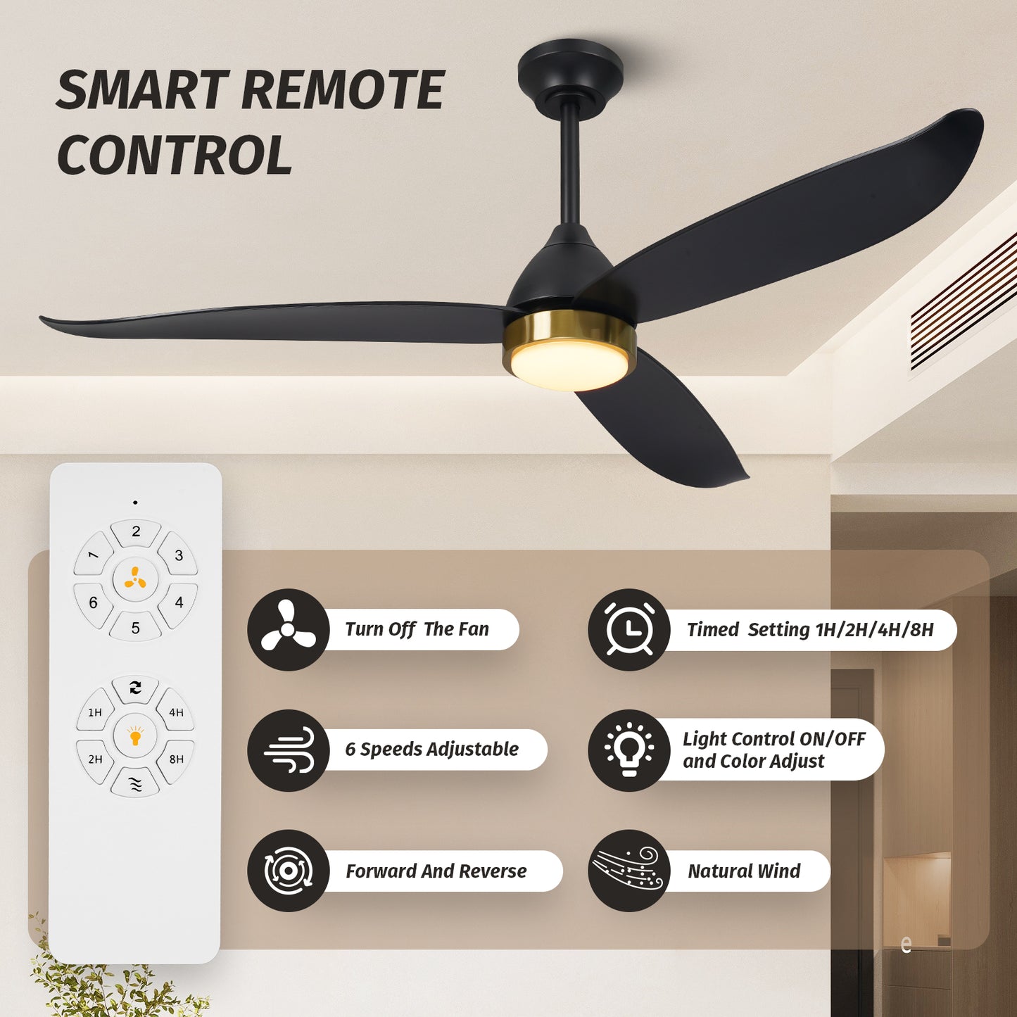 52" Modern Black Gold Reversible Ceiling Fan with Light and Remote