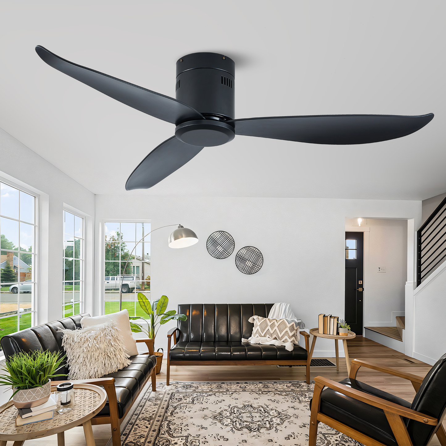 52" Modern Matte Black Flush Mount 6 Speed Ceiling Fan no Light with Remote