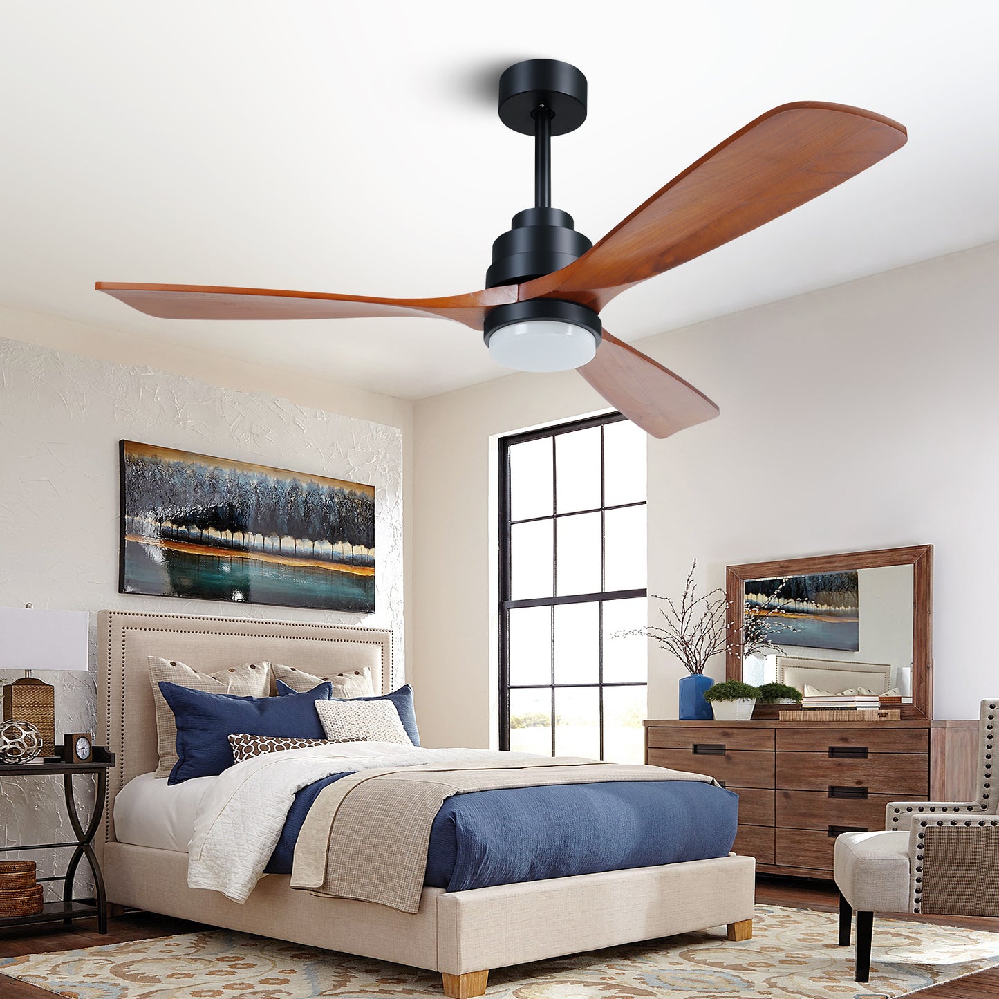 52" Farmhouse Brown Walnut Wood Ceiling Fan with Lights and Remote Control