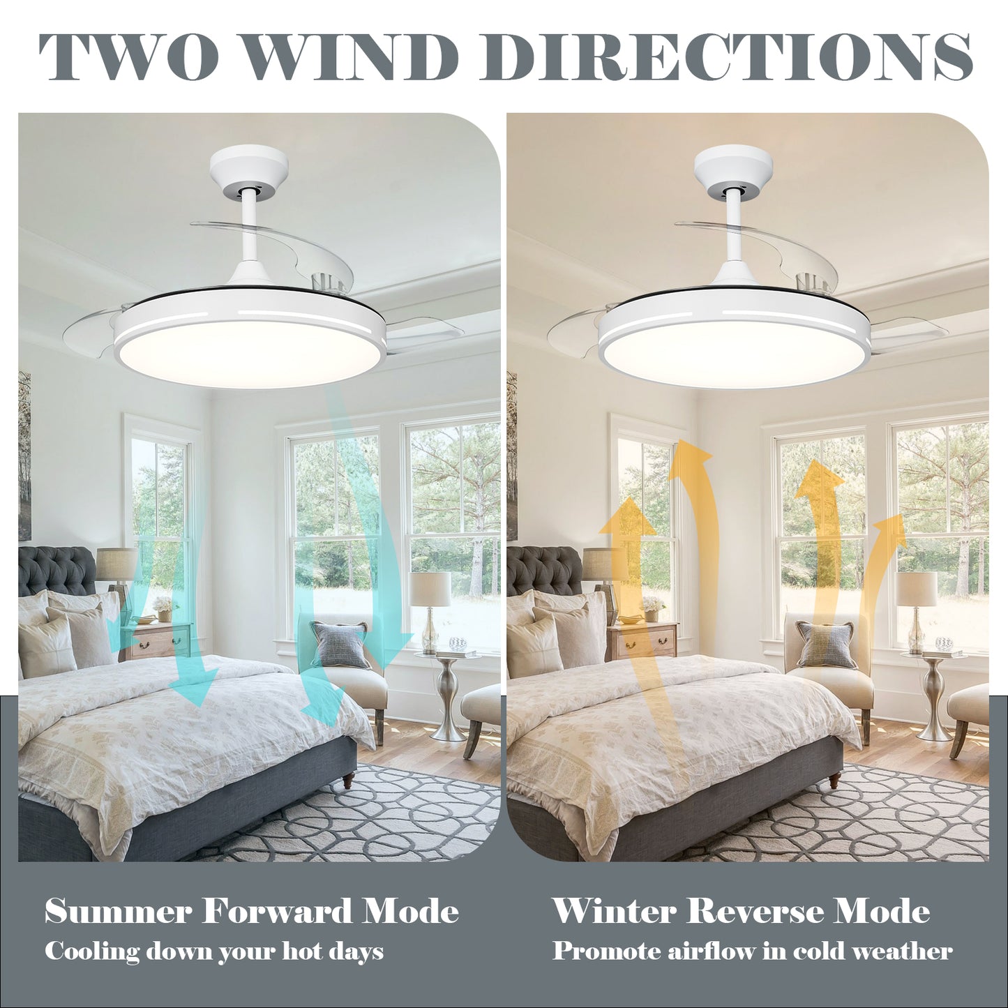 42" White Modern Retractable Ceiling Fan with Light and Remote for Bedroom