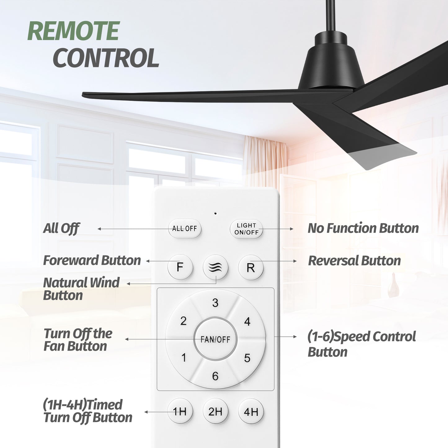 52" Modern Black Ceiling Fan no Light with Remote for Living Room Patio