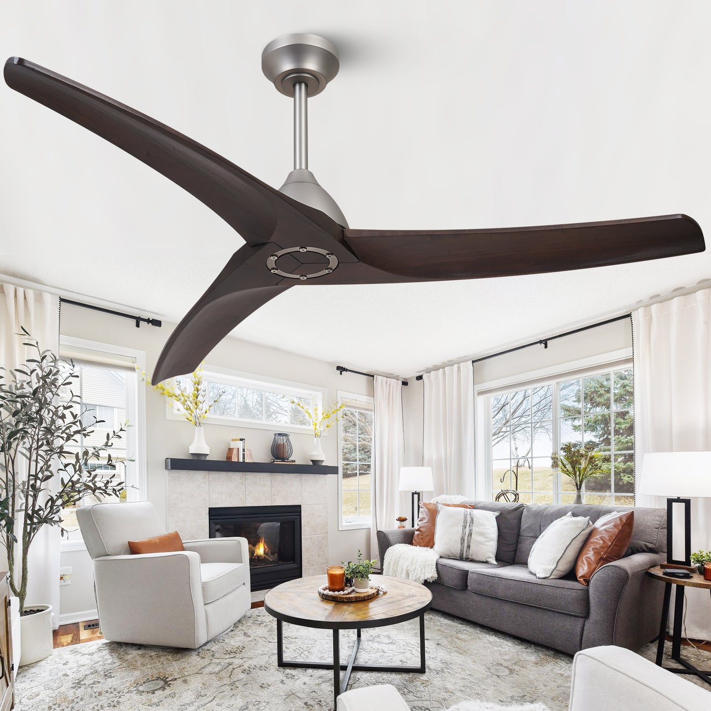 54" Industrial Brown Wood Ceiling Fan No Lights with Reversible DC Motor