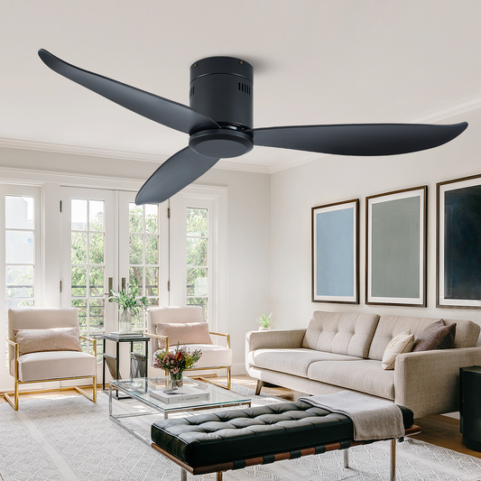 52" Modern Matte Black Flush Mount 6 Speed Ceiling Fan no Light with Remote