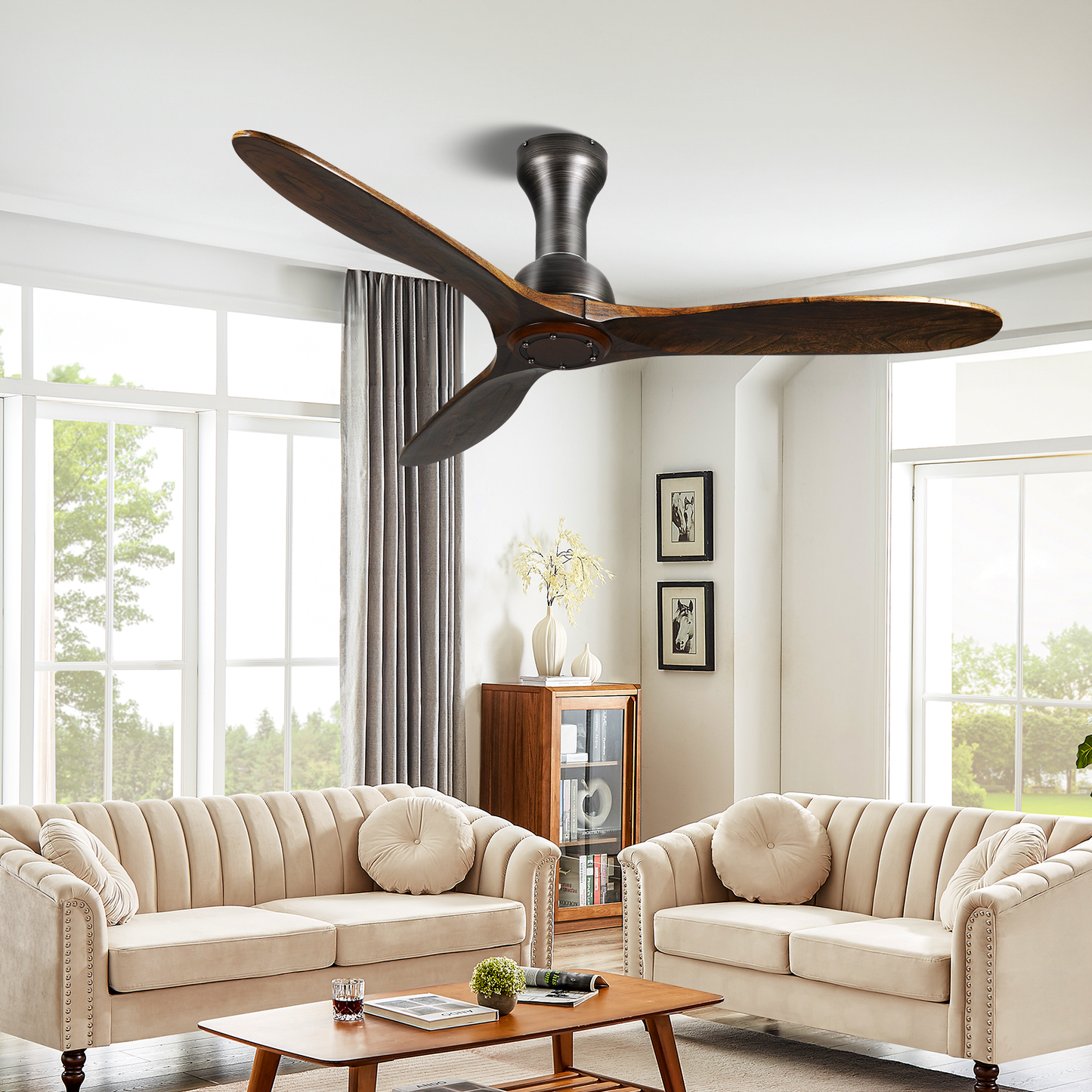 52'' Flush Mount 3 Blades Solid Wood Ceiling Fan Without Light Indoor Outdoor Low Profile Brown Ceiling Fans with Remote Control for Living Room,Bedroom,Kitchen,Farmhouse,Patio