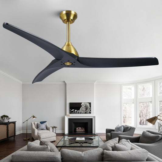 54" Minimalist Black and Brass Ceiling Fan No Light with Reversible DC Motor