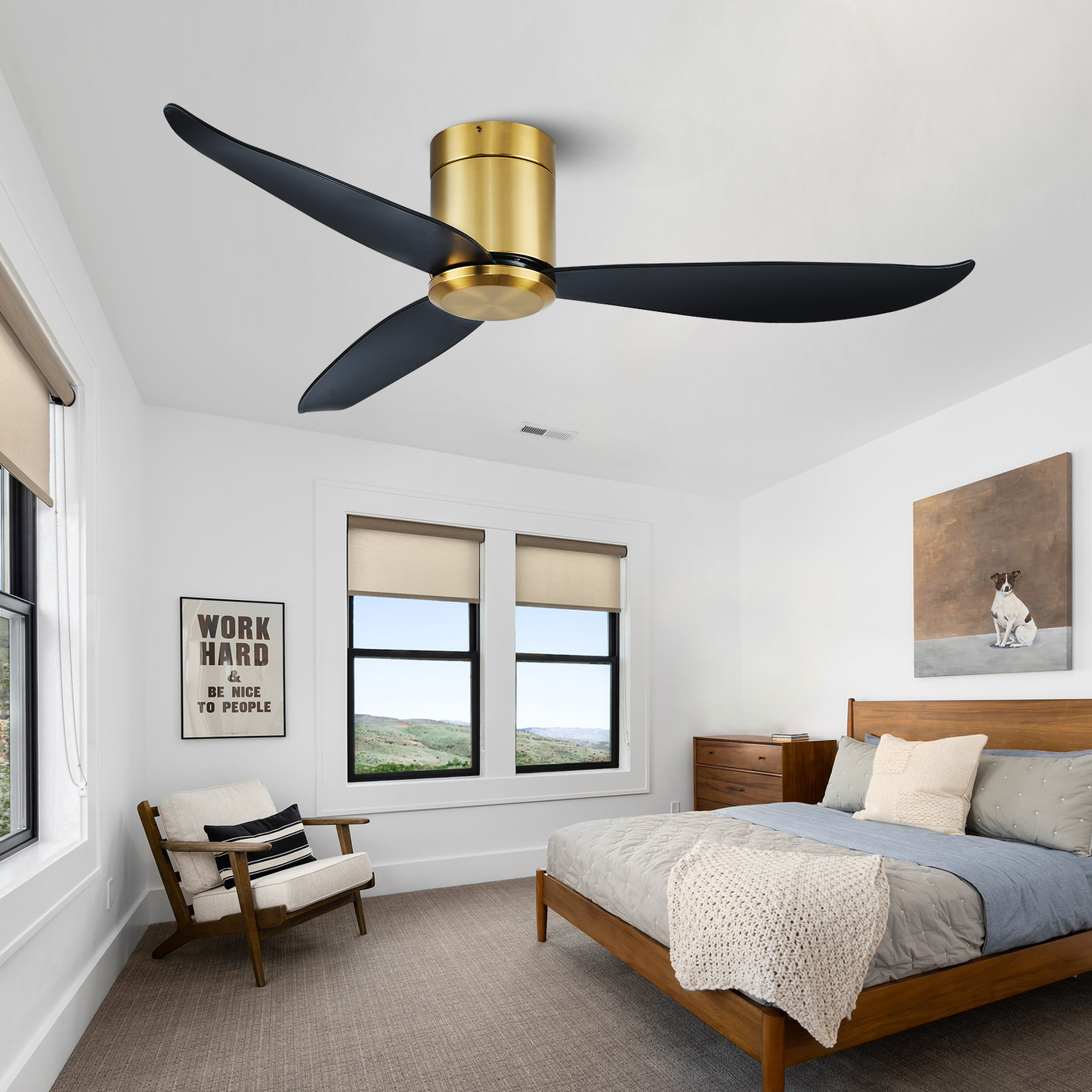 52" Modern Black Gold Flush Mount 6 Speed Ceiling Fan no Light with Remote