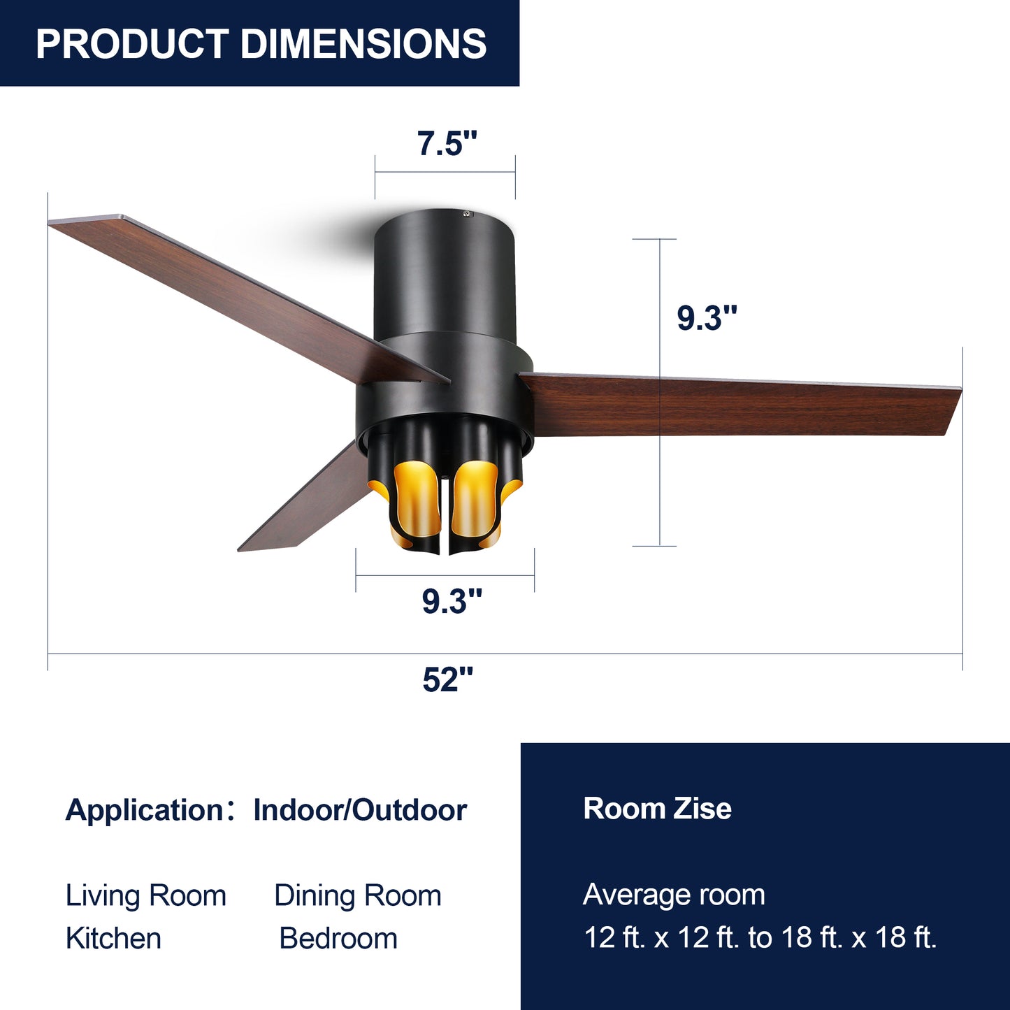 52" Modern Black Double-faced Blades Ceiling Fan with LED Light and Remote