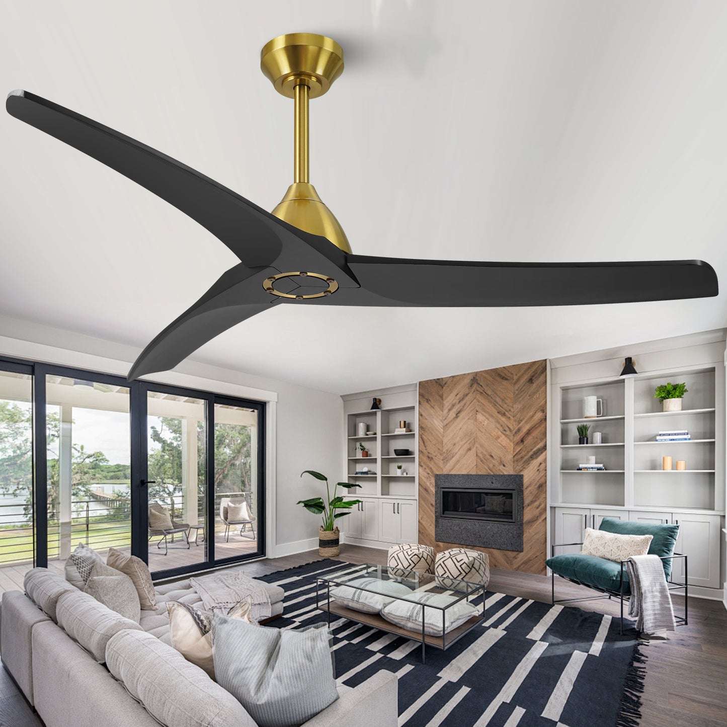 54" Modern Black and Gold Ceiling Fan No Lights with Reversible DC Motor