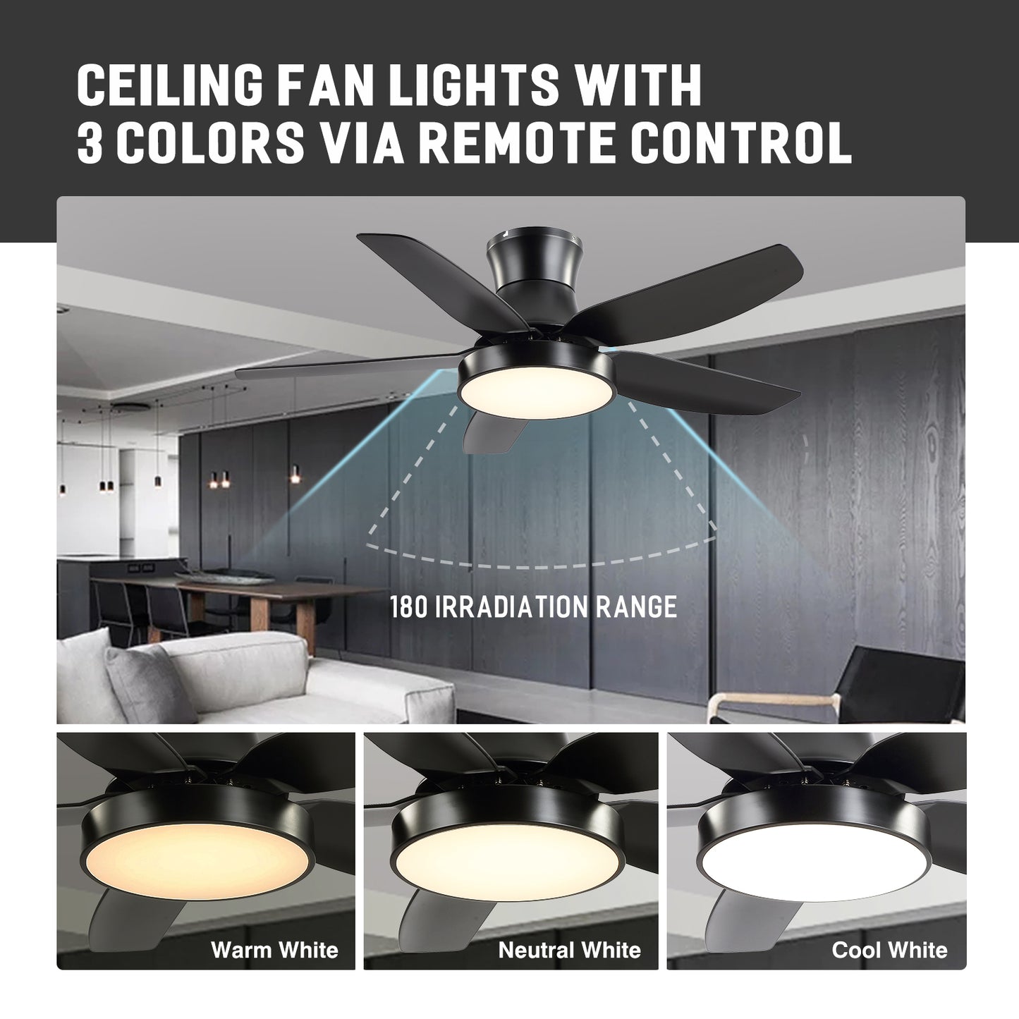 42" Modern Flush Mount Black Ceiling Fan with lights and Remote for Bedroom,Kitchen,Porch