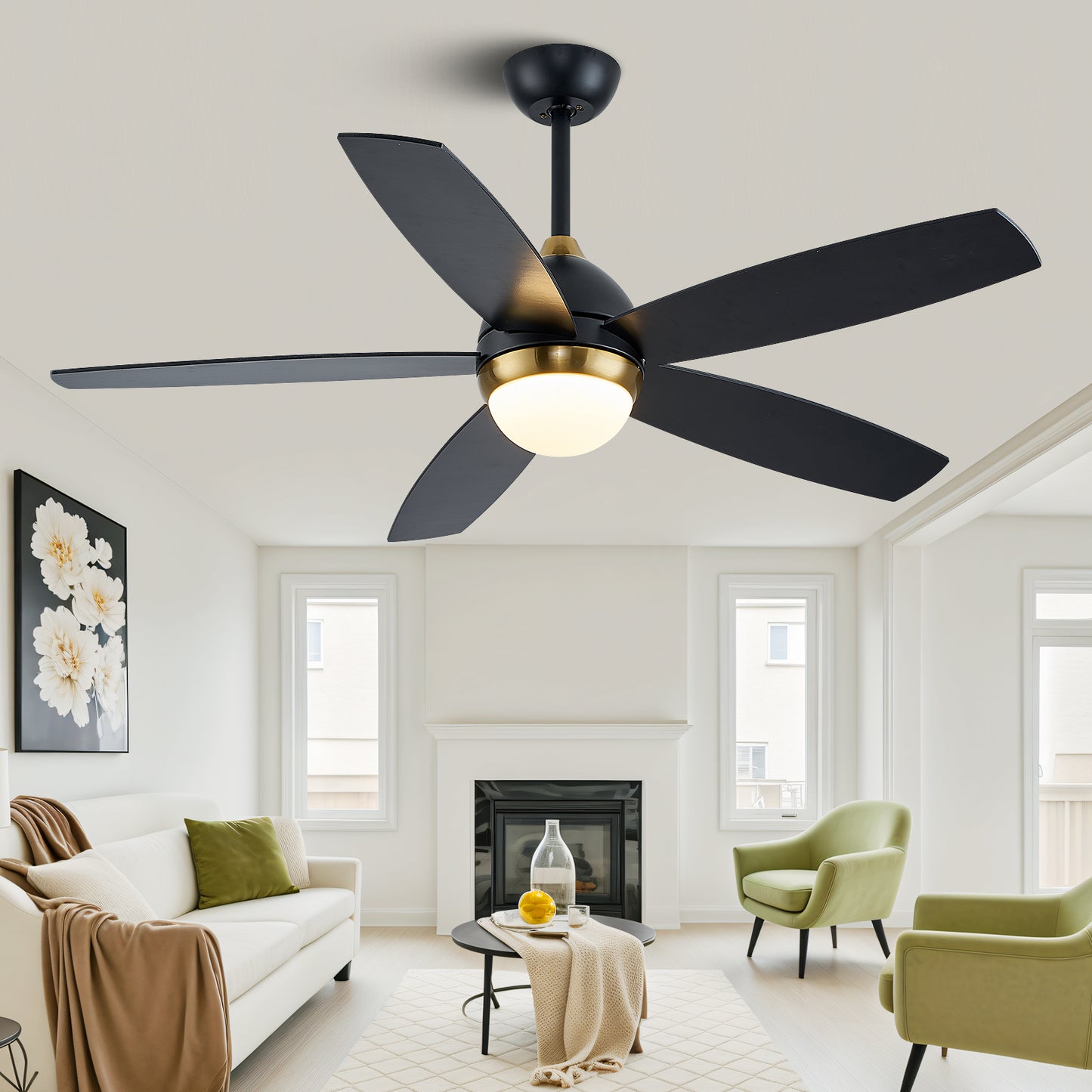 52" Modern Black and Gold Wood Ceiling Fan with Lights and Remote Control